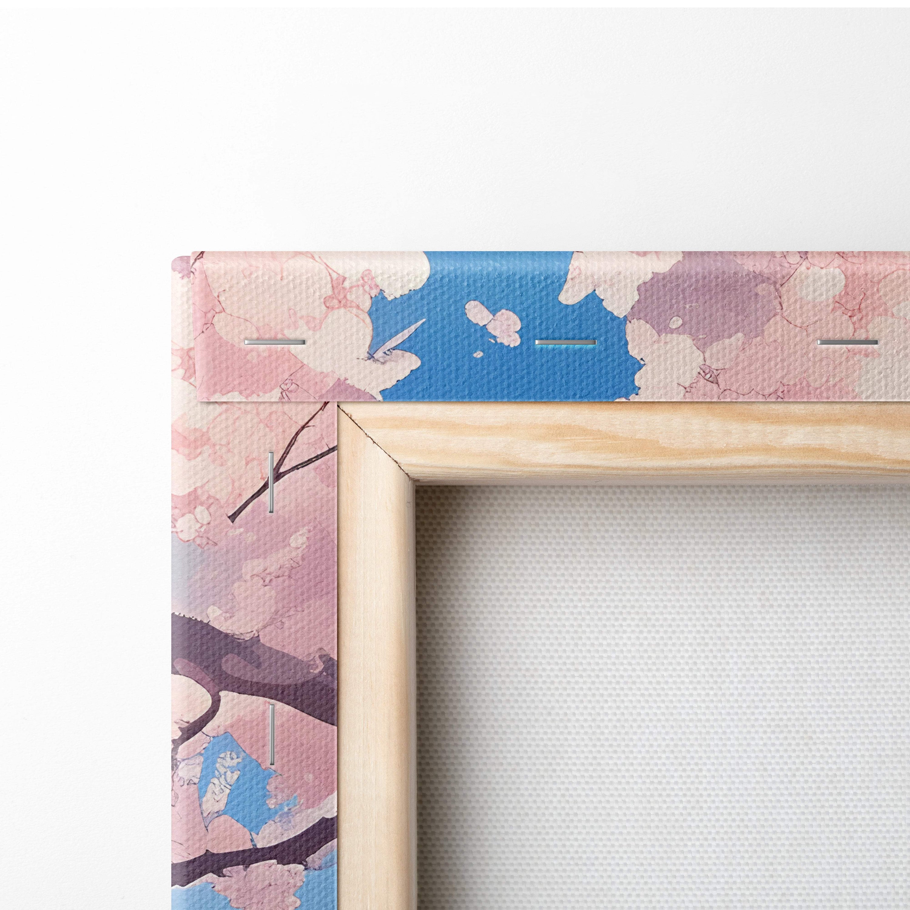 A wooden canvas frame featuring pink and blue cherry blossom design in soft pastel anime style wall art