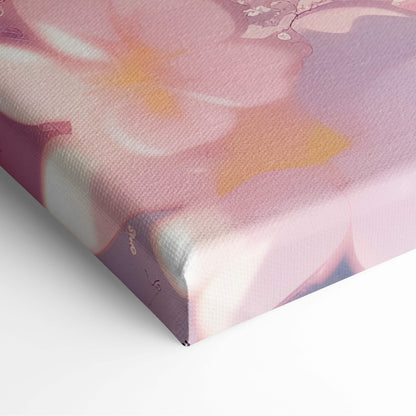 Mount fuji cherry blossom canvas wall art with soft pink and lavender floral design and subtle gold accents in pastel anime style