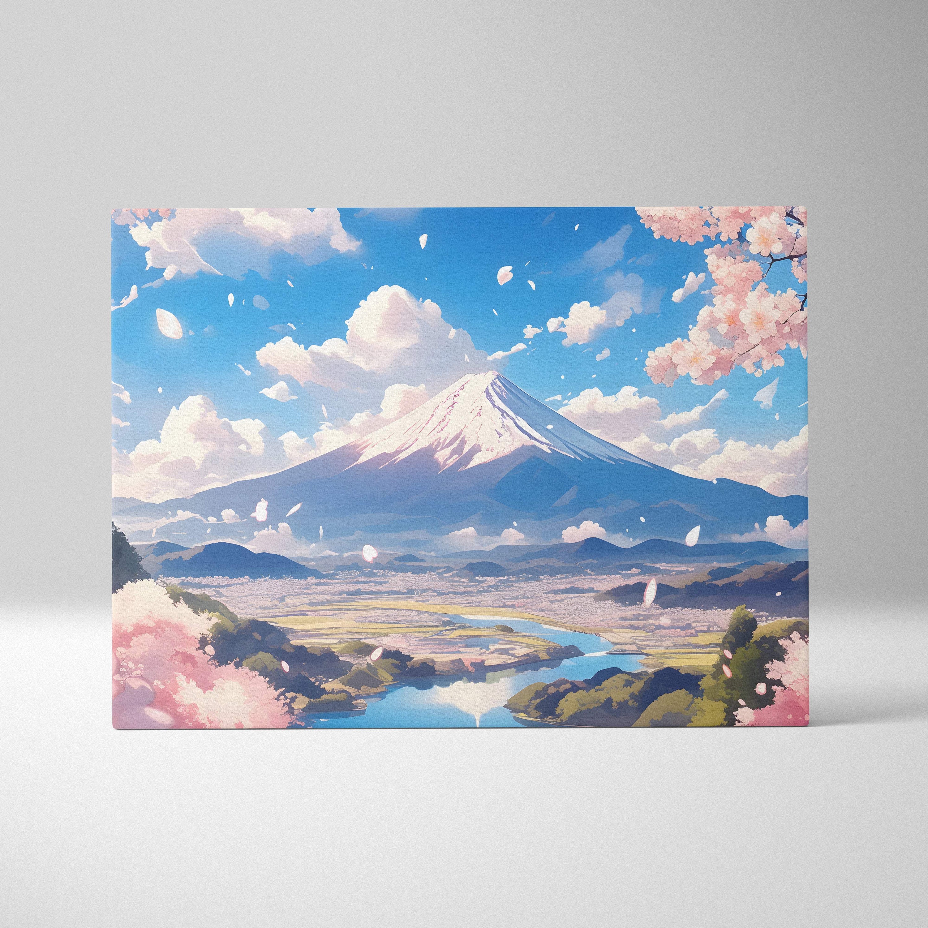 Rectangular canvas print of mount fuji cherry blossom landscape with pink sakura petals and blue sky decor