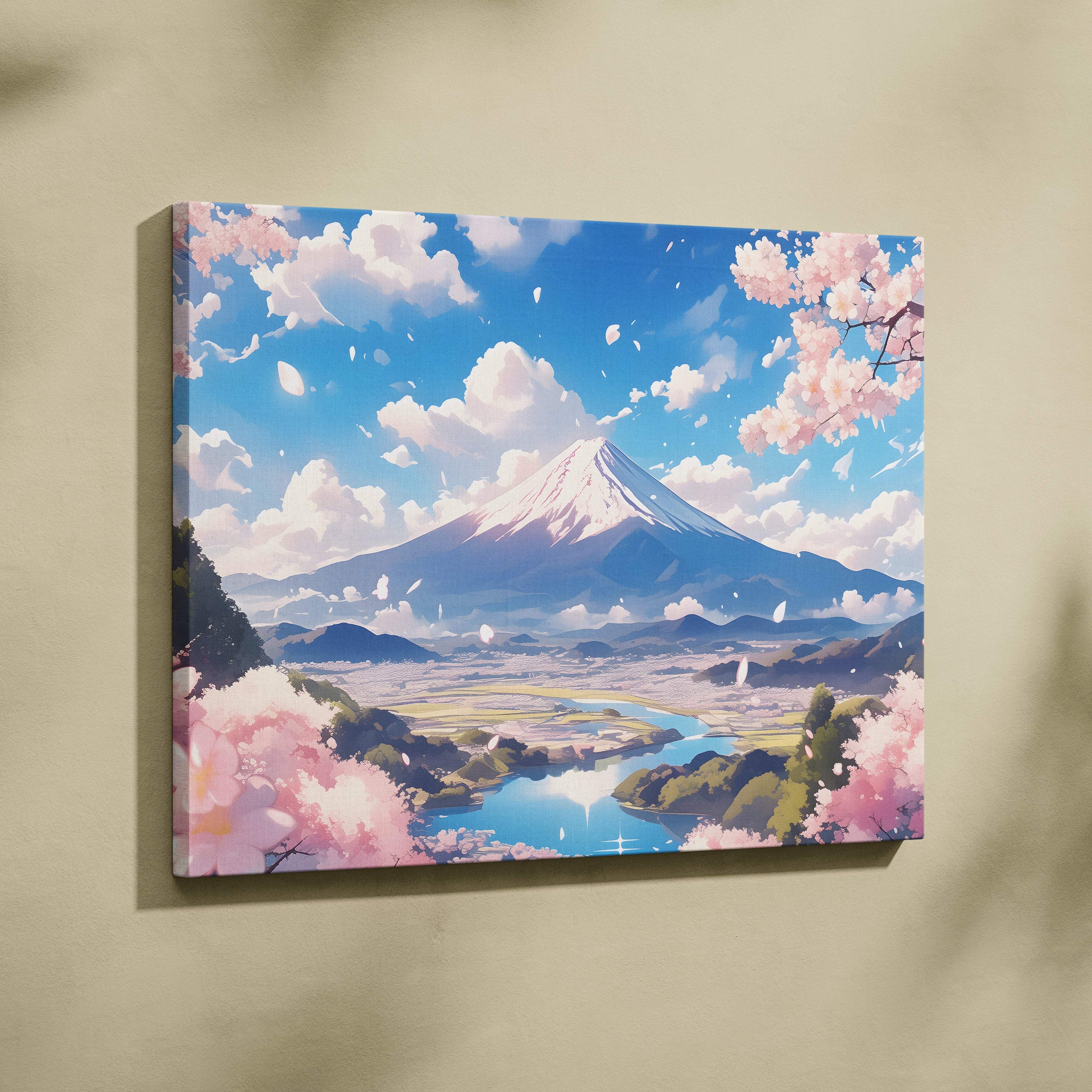 Mount fuji cherry blossom canvas wall art with pink sakura petals blue sky and serene river in soft pastel anime style