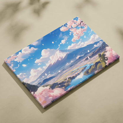 Mount fuji cherry blossom canvas wall art with serene mountain landscape pink sakura petals and blue sky decor