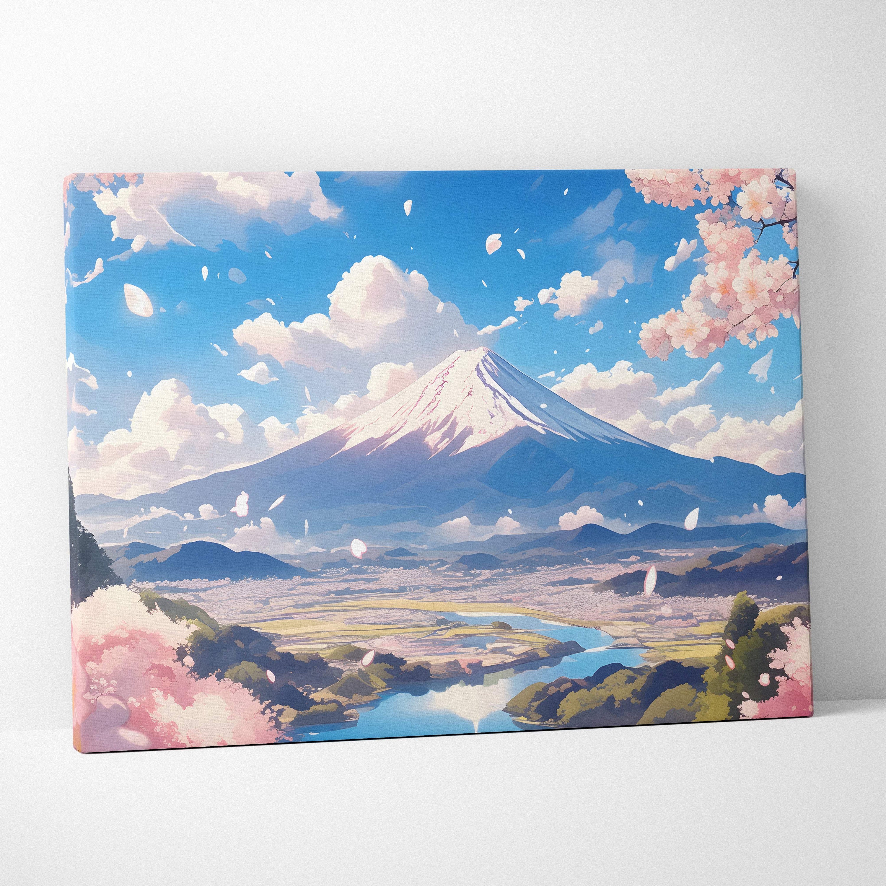 Mount fuji cherry blossom canvas wall art featuring vibrant pink sakura petals blue sky and serene japanese landscape design
