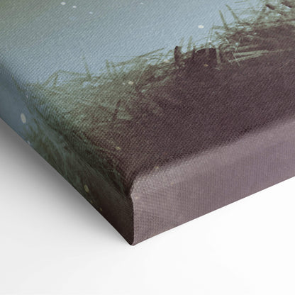 Surreal robot and baby carriage canvas wall art with textured abstract landscape in muted greens browns and soft blue sky