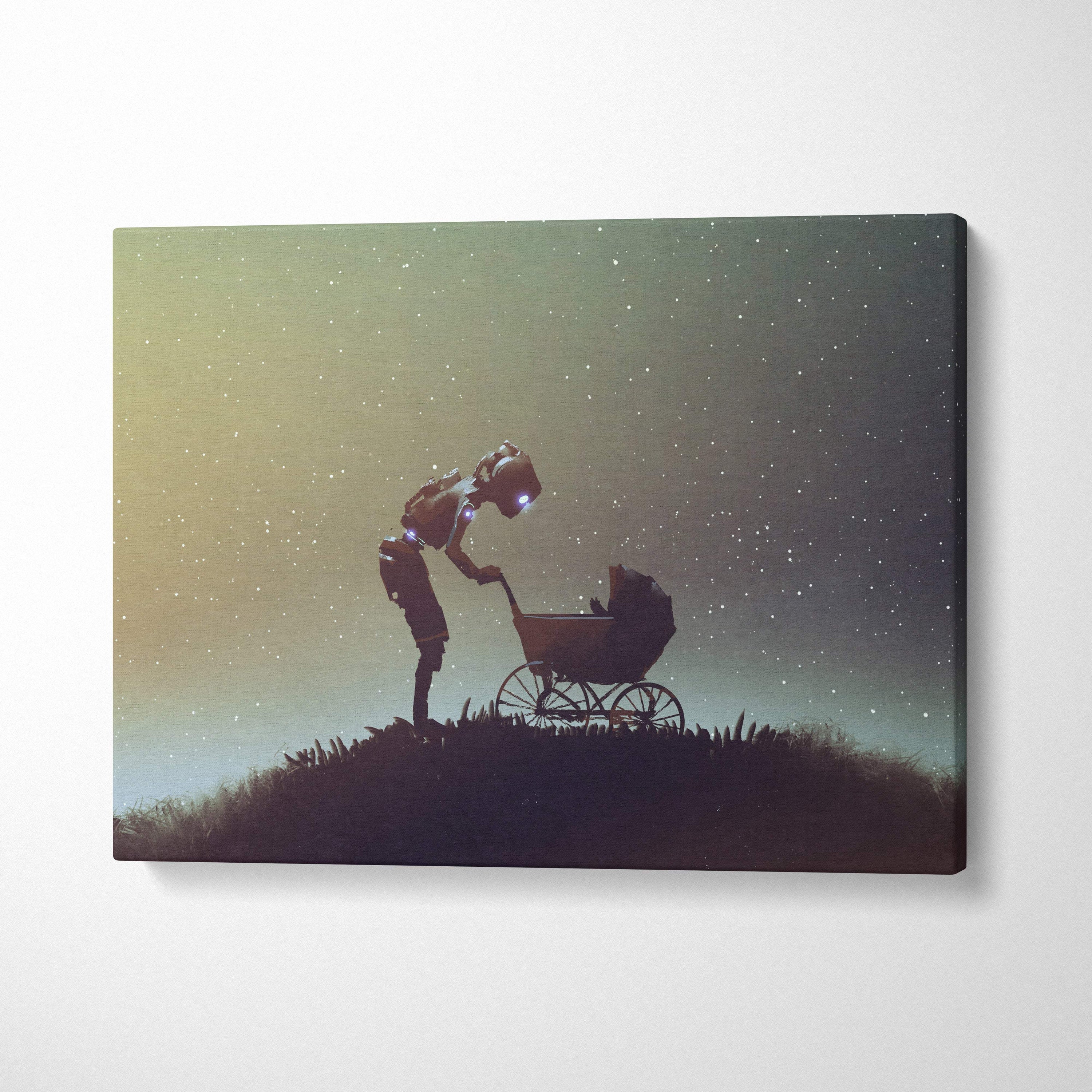 Surreal robot and baby carriage starry night canvas wall art with silhouette on grassy hill under gradient sky