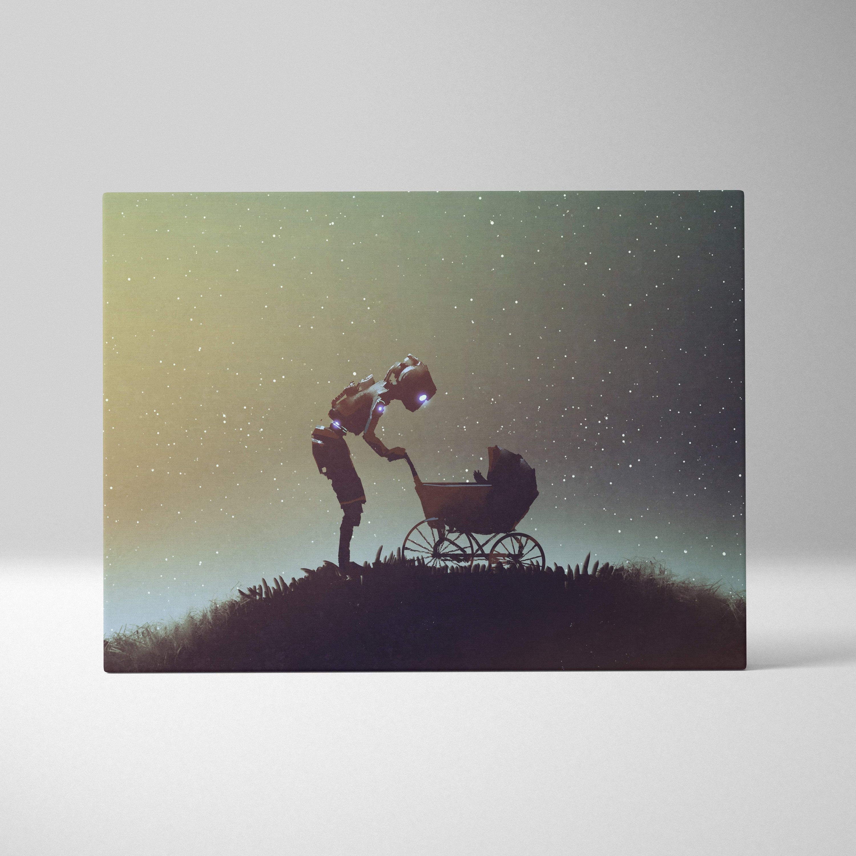 A rectangular canvas print of a surreal astronaut silhouette with glowing eyes pushing a vintage pram under a starry sky