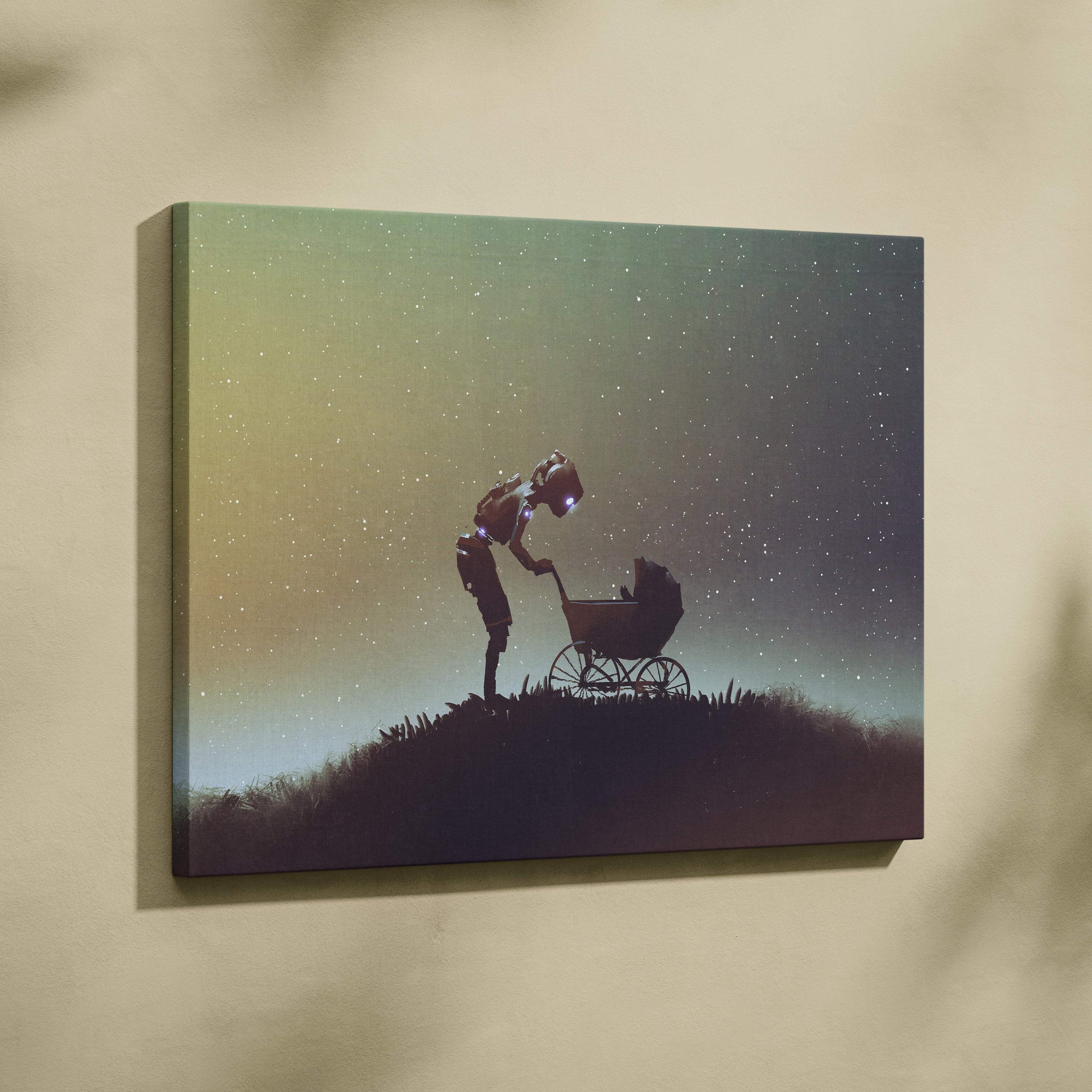 Rectangular canvas print of a silhouette astronaut with blue lights pushing a vintage baby carriage under a starry night sky