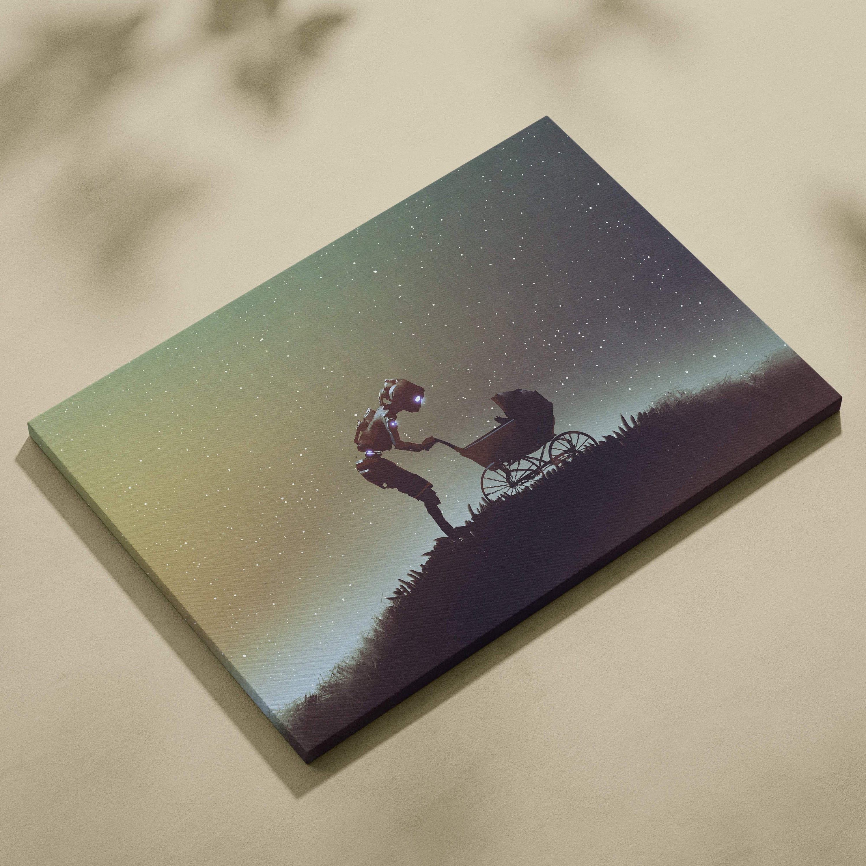 Rectangular canvas wall art featuring a black astronaut silhouette pushing a baby carriage under a starry gradient sky