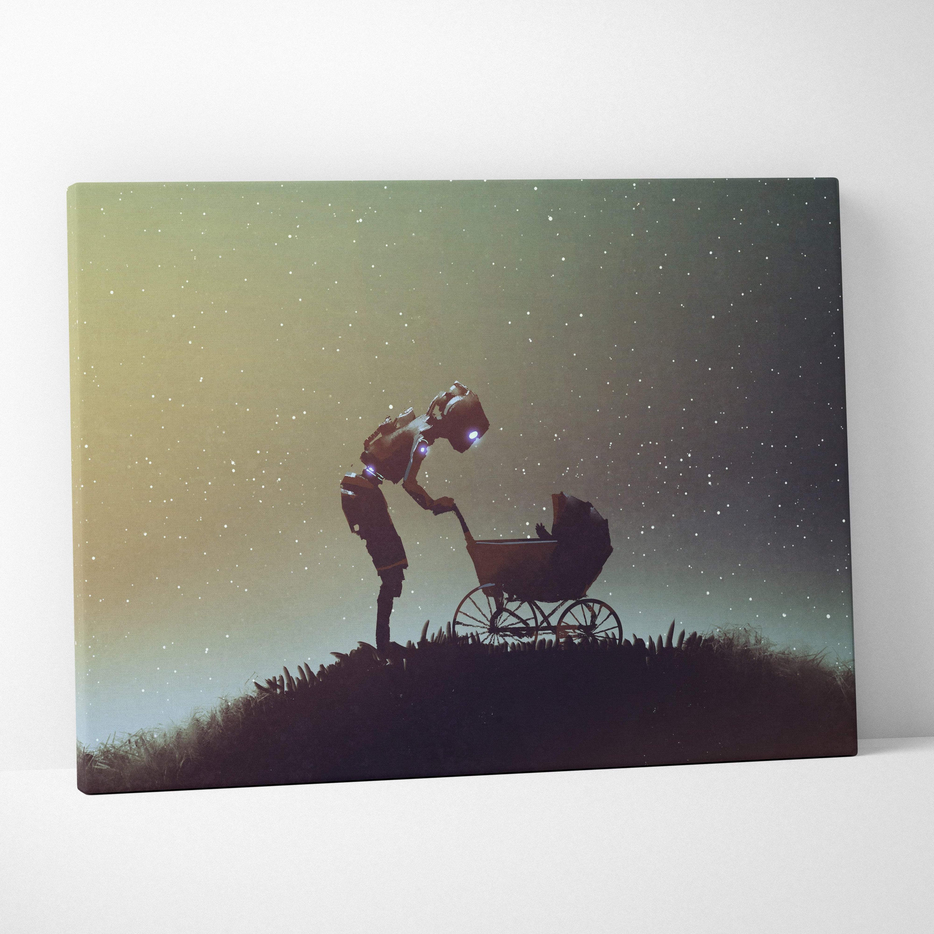 Surreal robot and baby carriage canvas wall art with an astronaut silhouette and glowing helmet under a starry night sky