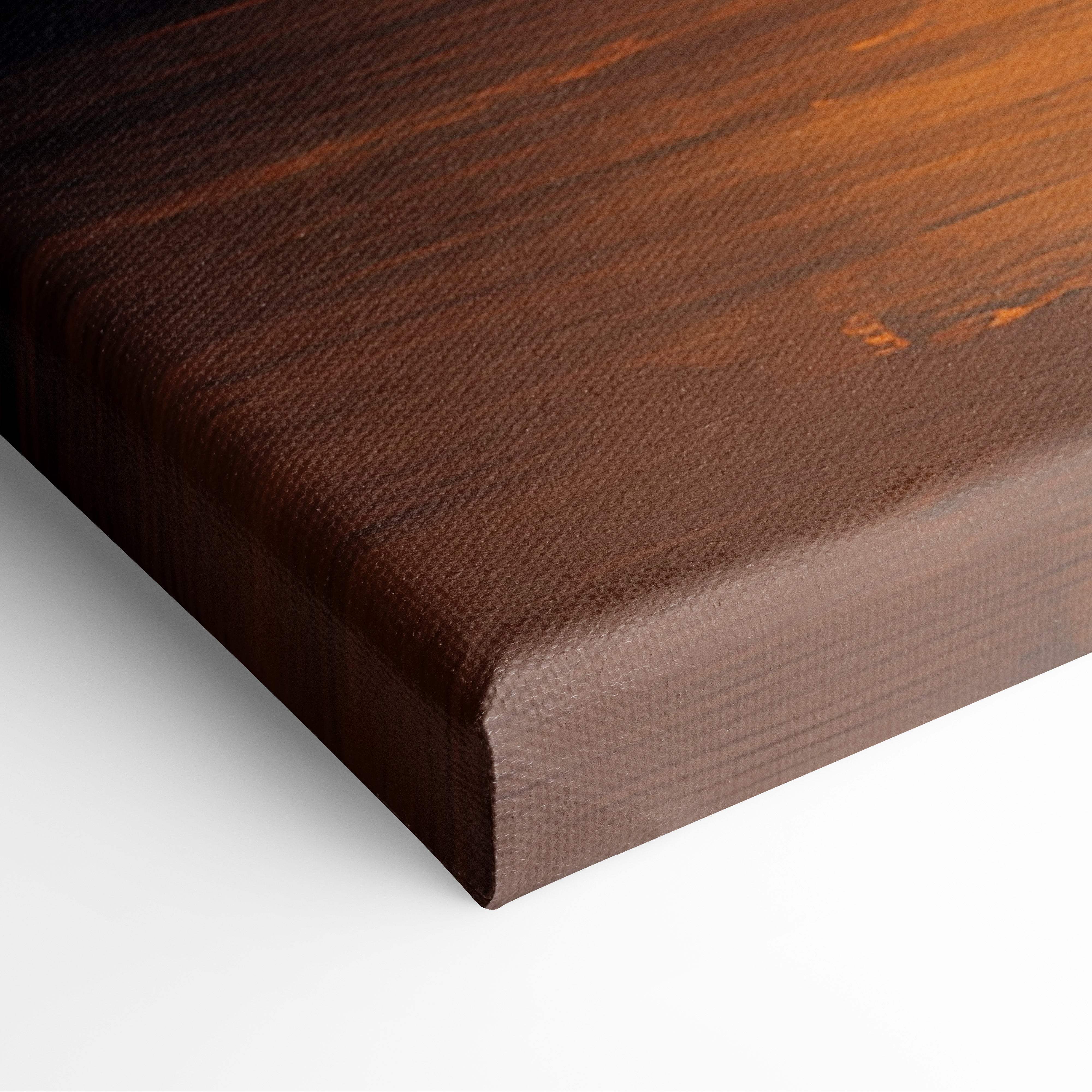 Moody beach storm canvas wall art print with dark brown textured wood grain finish for modern living room decor