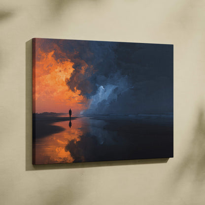 Moody beach storm canvas wall art print with fiery orange and deep blue clouds reflecting on wet sand silhouette