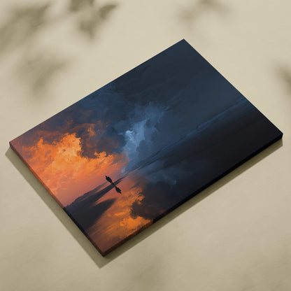 Moody beach storm canvas wall art print with orange blue seascape and lone figure silhouette for modern living room decor