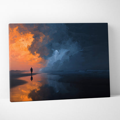 Moody beach storm canvas wall art print showing a solitary figure on wet sand at sunset with orange blue clouds reflection