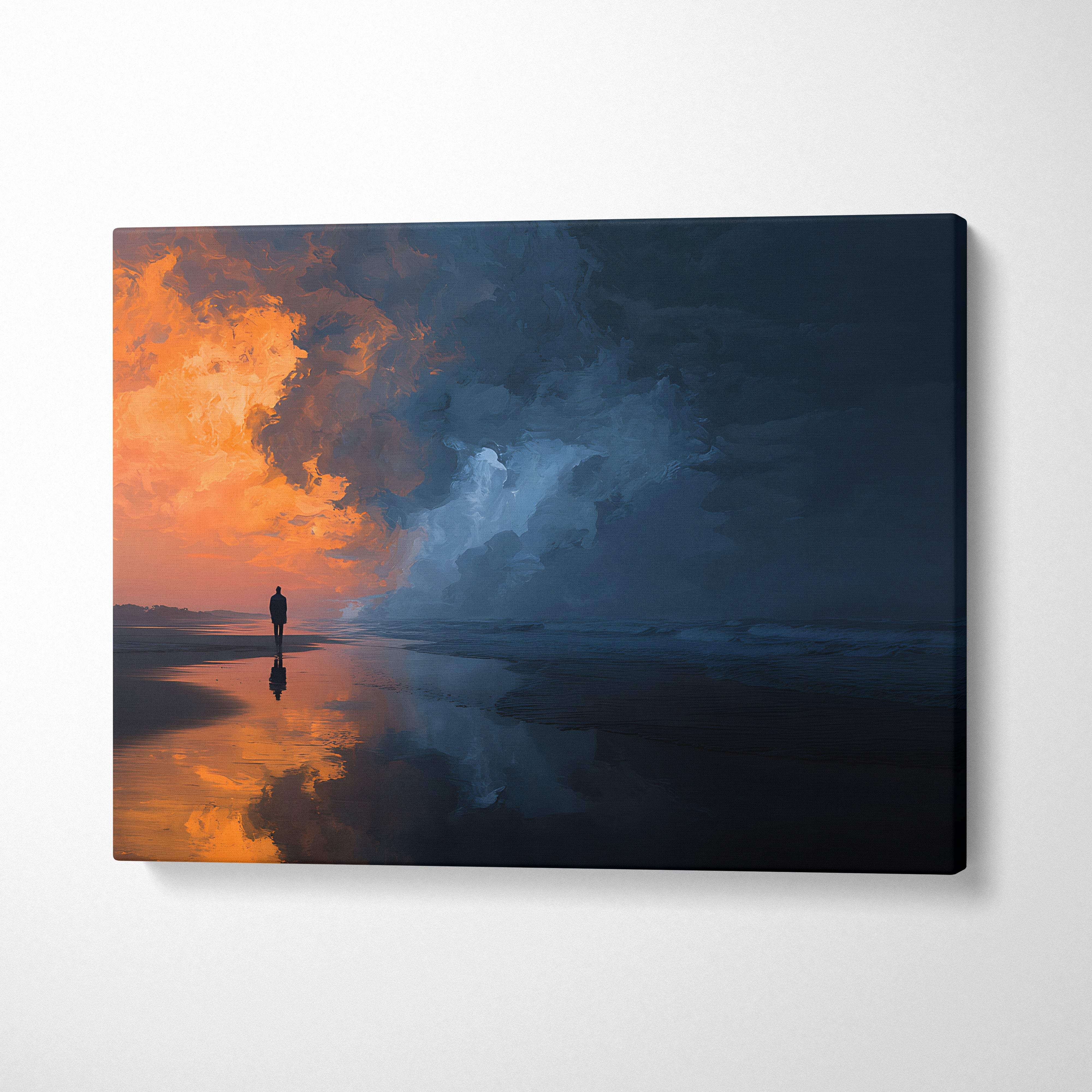 Moody beach storm canvas wall art print featuring orange blue seascape silhouette on reflective beach at sunset