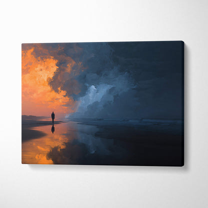 Moody beach storm canvas wall art print featuring orange blue seascape silhouette on reflective beach at sunset