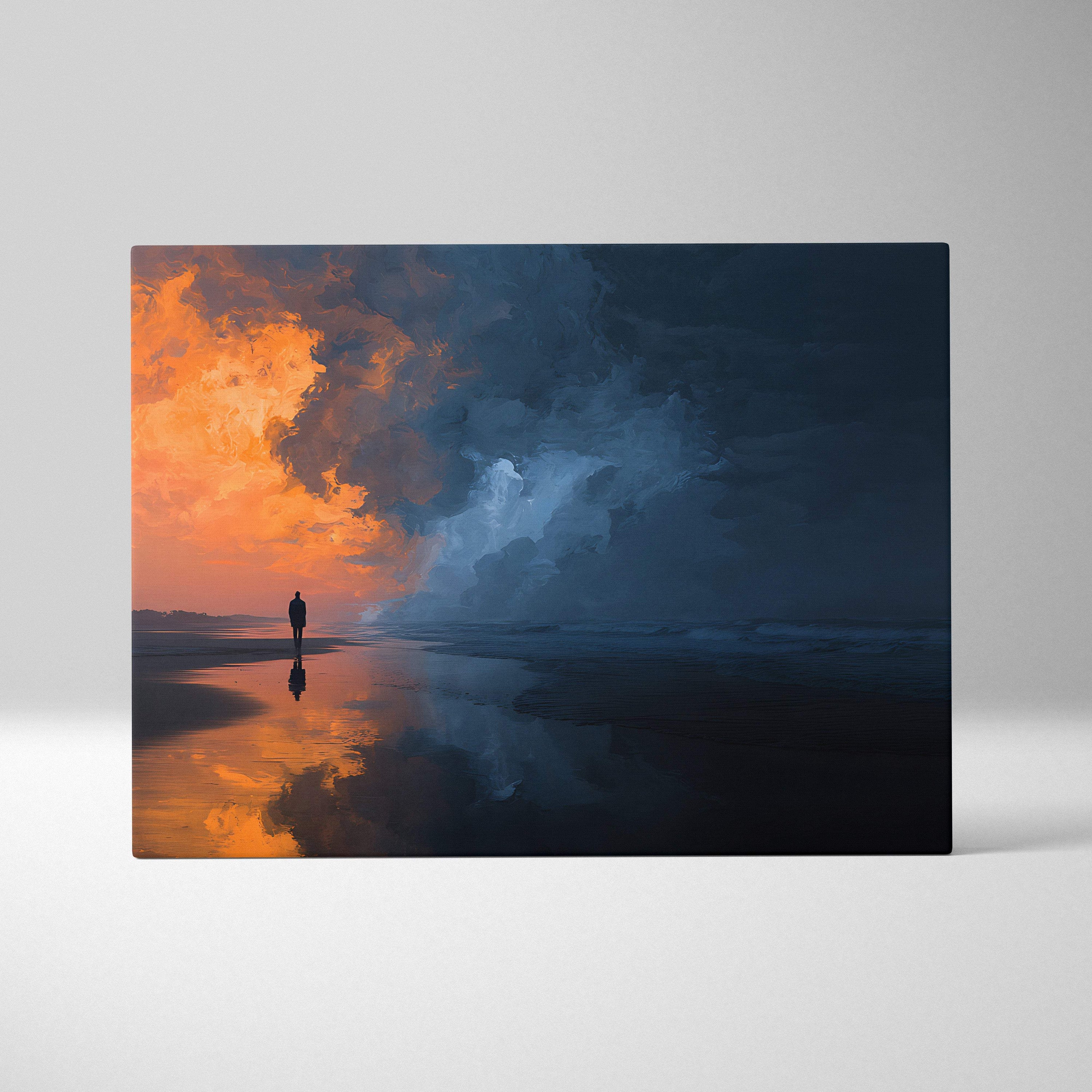 Moody beach storm canvas wall art print of a solitary figure on wet sand with orange and blue clouds reflected at sunset