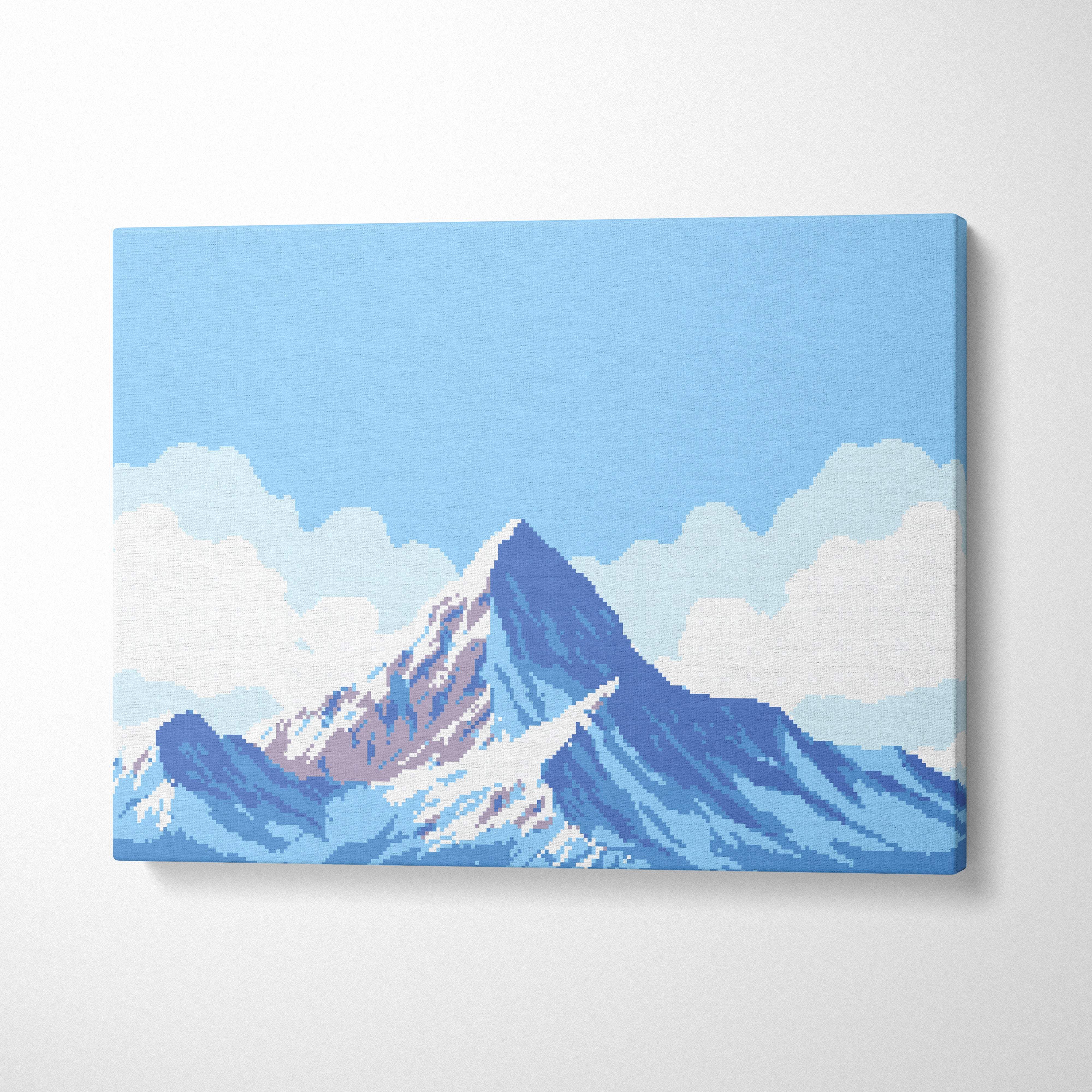 Snowy mountain pixel art canvas print with blue alpine landscape and snow-capped peak for peaceful nature decor