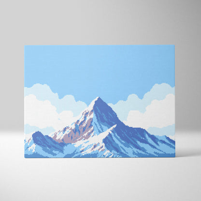 Snowy mountain pixel art canvas print featuring a blue alpine landscape with a snow-capped peak under soft clouds