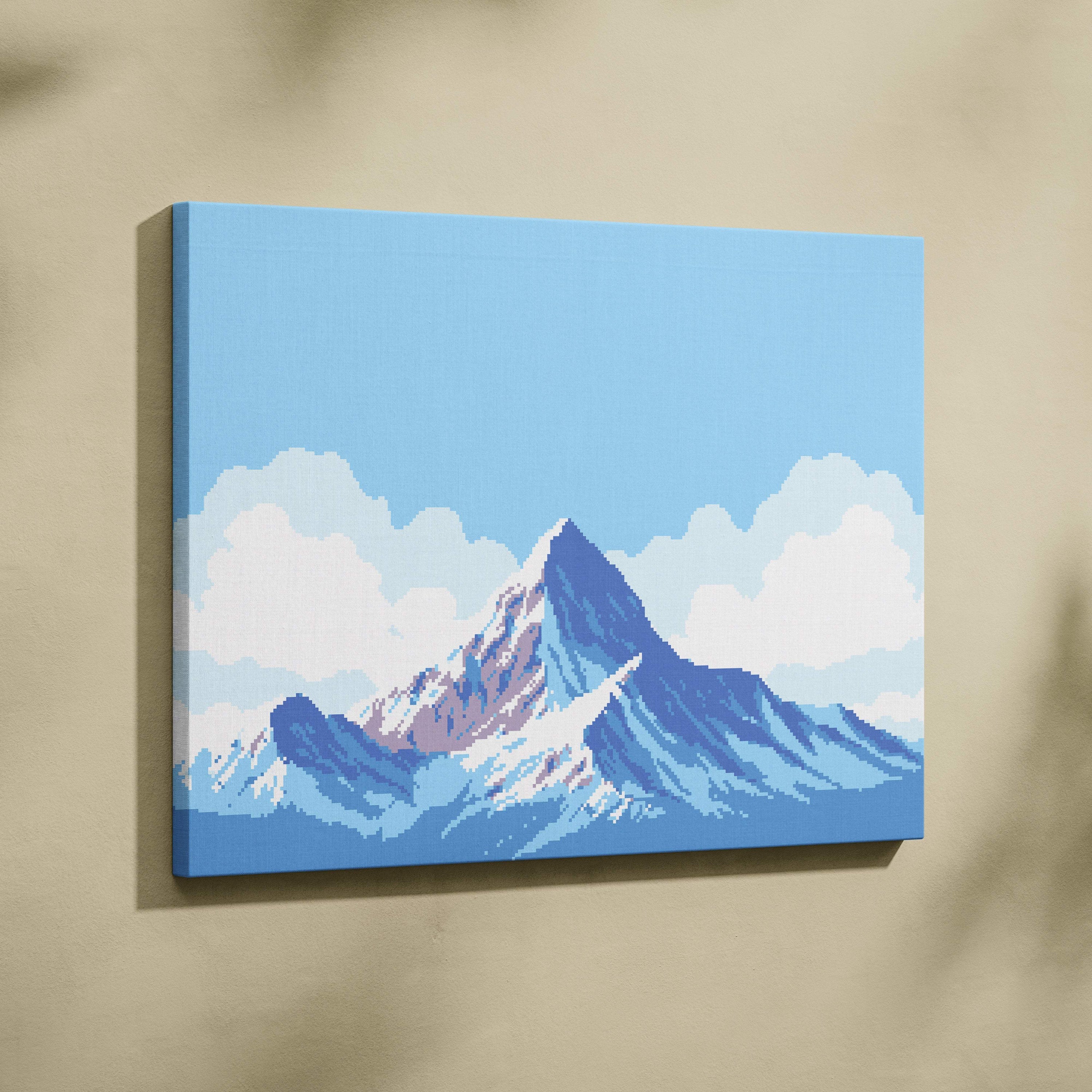 A vibrant blue and white pixelated mountain landscape painting on stretched canvas perfect for alpine wall art
