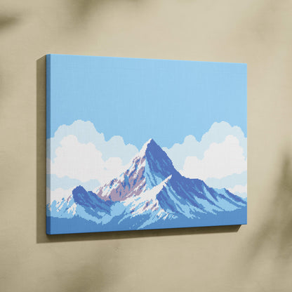 A vibrant blue and white pixelated mountain landscape painting on stretched canvas perfect for alpine wall art