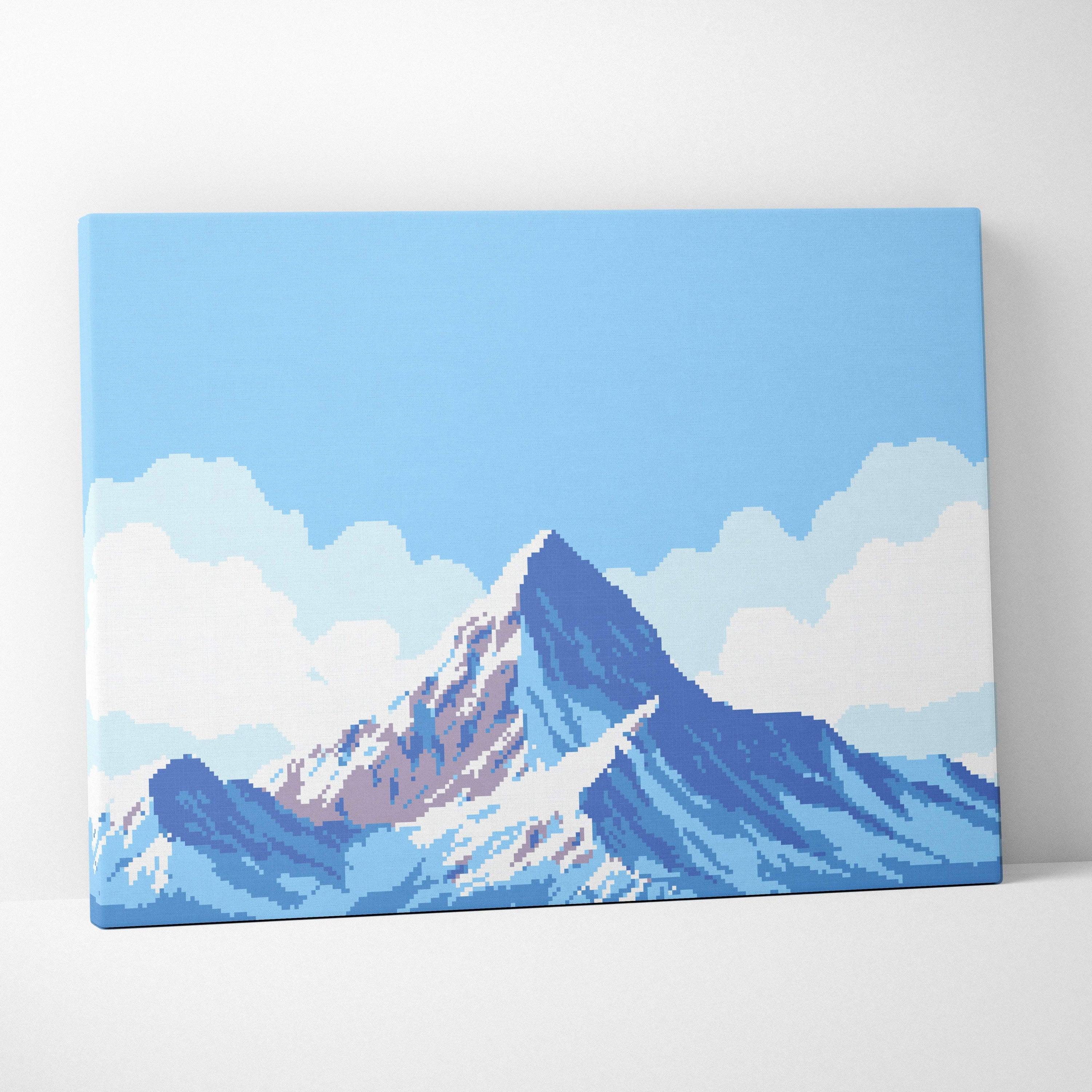 A pixel-art canvas print of a snowy mountain range in blue purple and white for peaceful nature decor