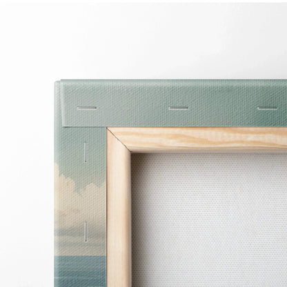Close-up of serene beach watercolor canvas with wooden frame and stretched fabric backing wall art detail.