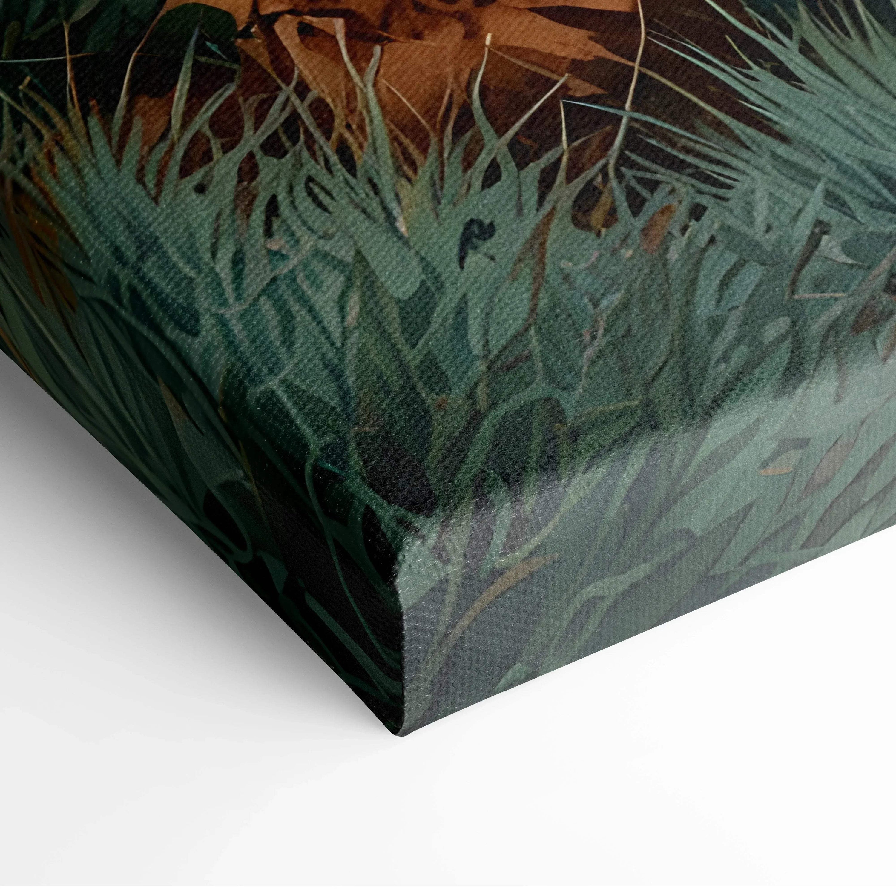 Close-up of serene beach watercolor art on canvas with green and brown botanical details, vertical wall art.