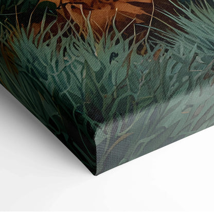 Close-up of serene beach watercolor art on canvas with green and brown botanical details, vertical wall art.