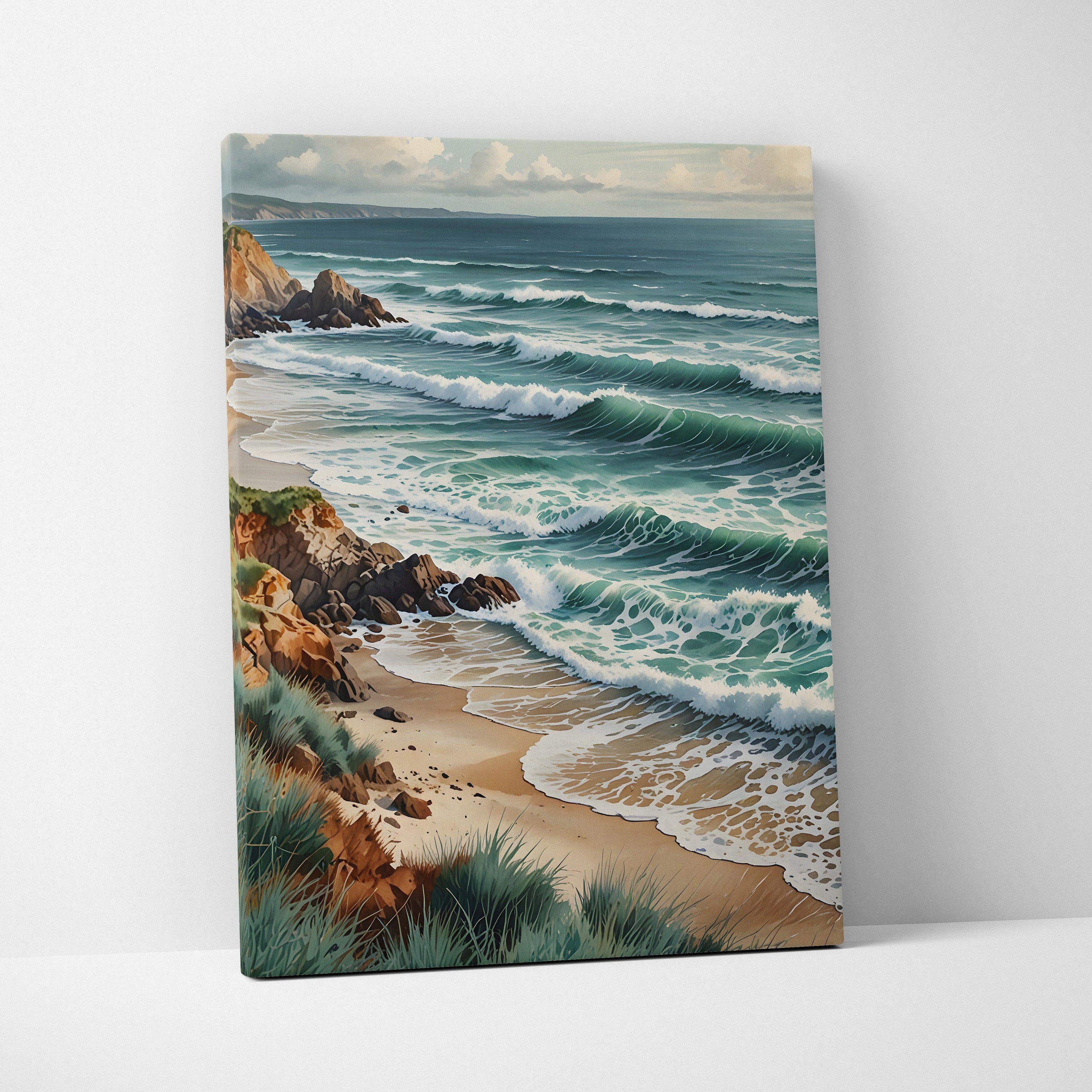 Serene beach scene with crashing waves and rocky shoreline watercolor canvas wall art.