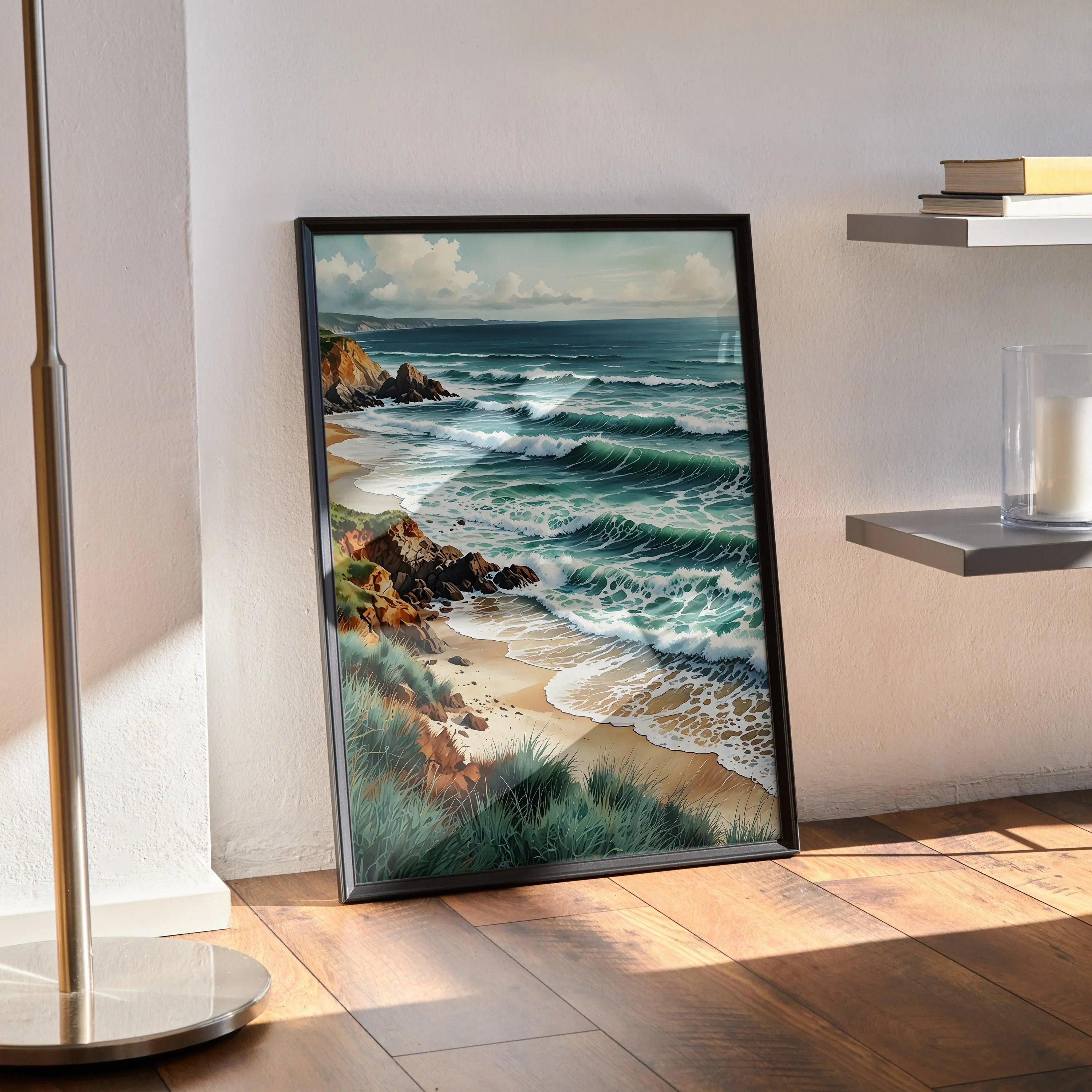 Vertical watercolor poster of ocean waves crashing on rocky beach wall art.