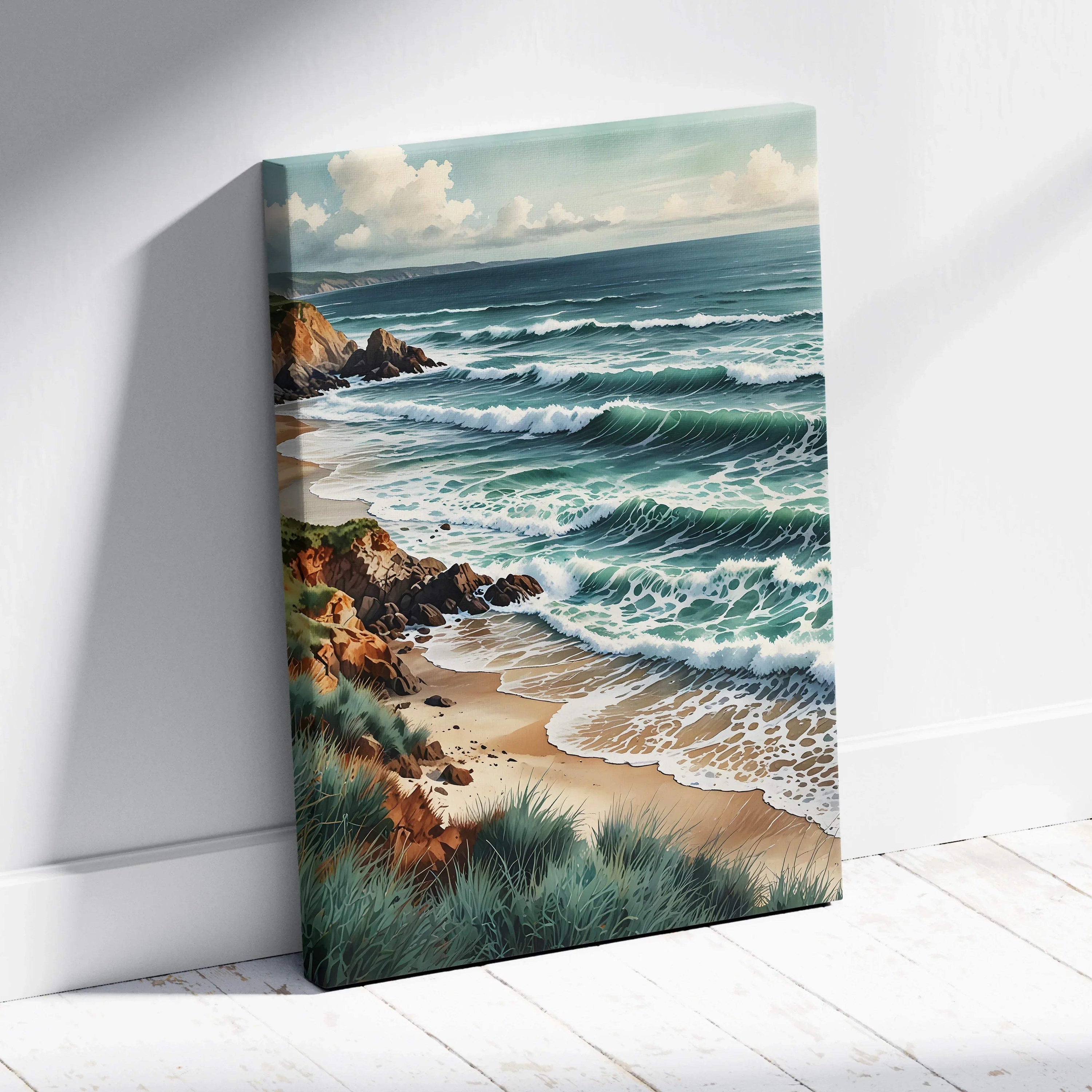 Canvas wall art featuring a serene beach scene with crashing waves and rocky shore in watercolor style.