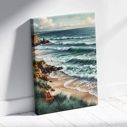 Canvas wall art featuring a serene beach scene with crashing waves and rocky shore in watercolor style.
