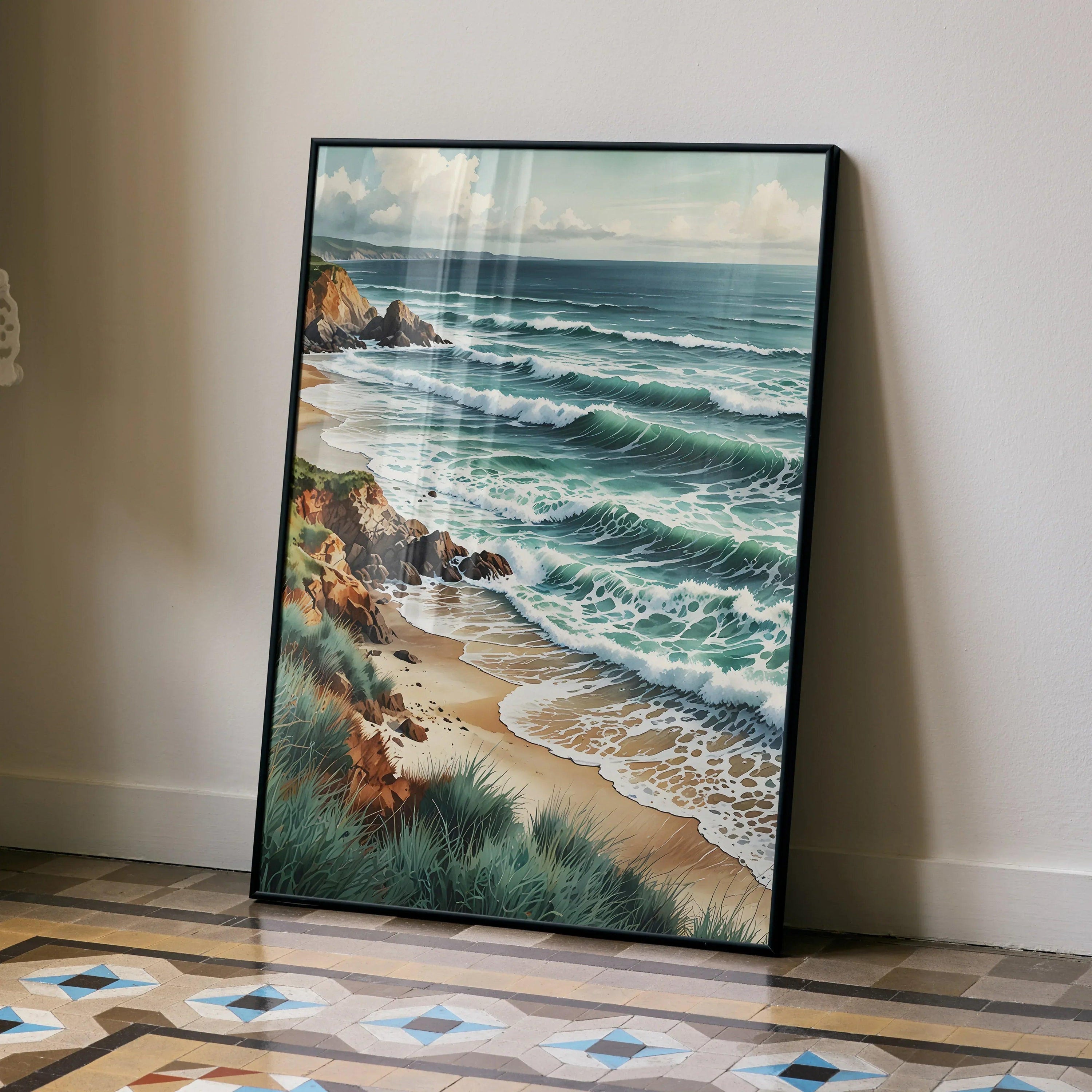 Vertical ocean beach landscape poster with watercolor waves and rocky shore wall art.