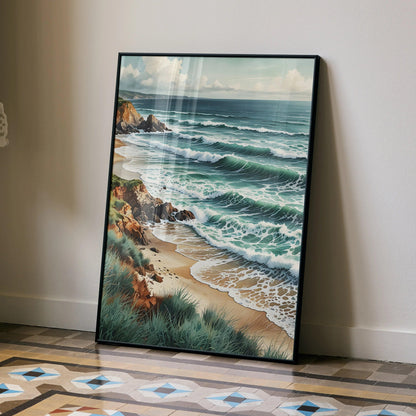 Vertical ocean beach landscape poster with watercolor waves and rocky shore wall art.