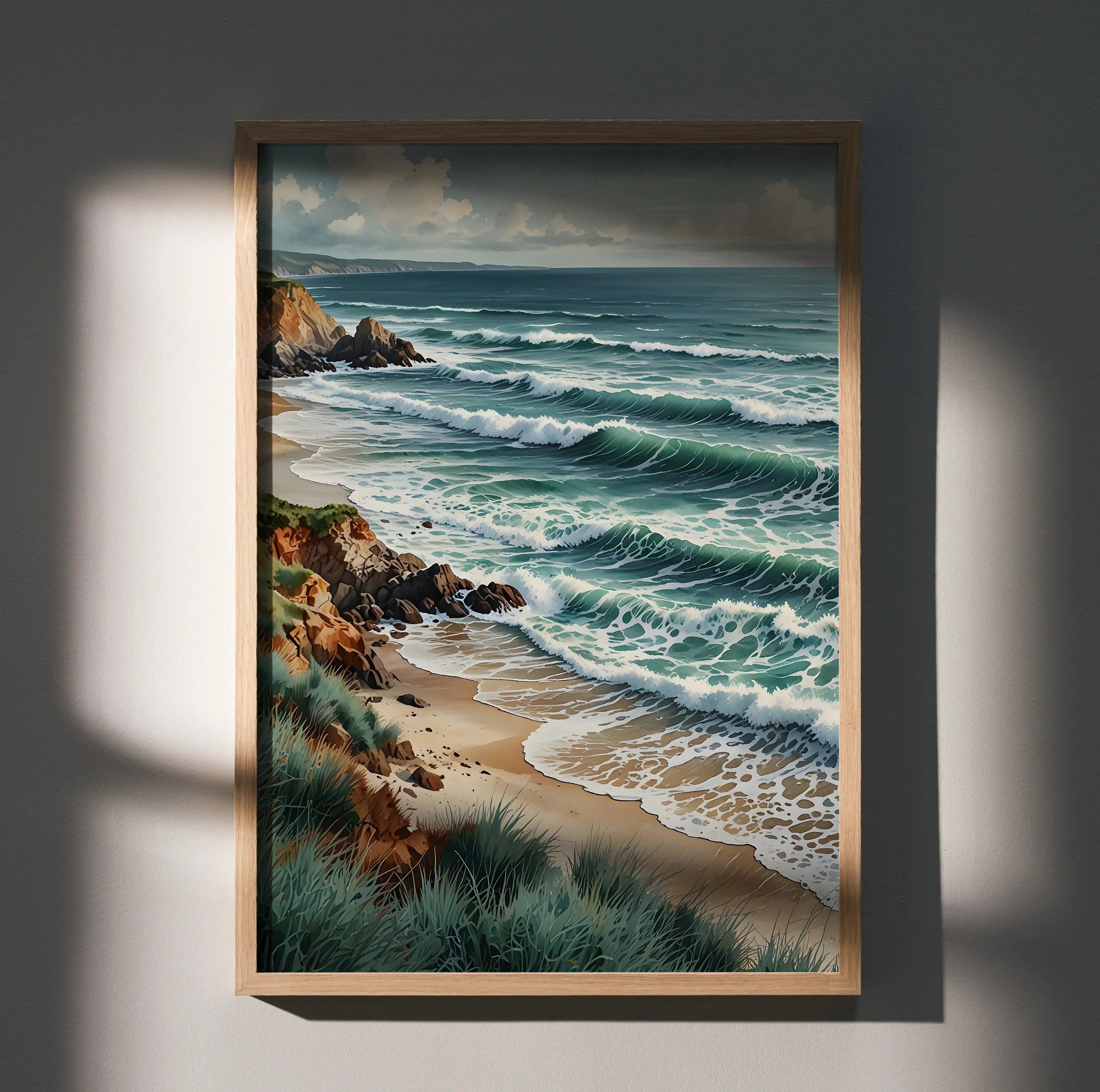 Vertical watercolor ocean beach landscape poster with crashing waves and rocky cliffs wall art.