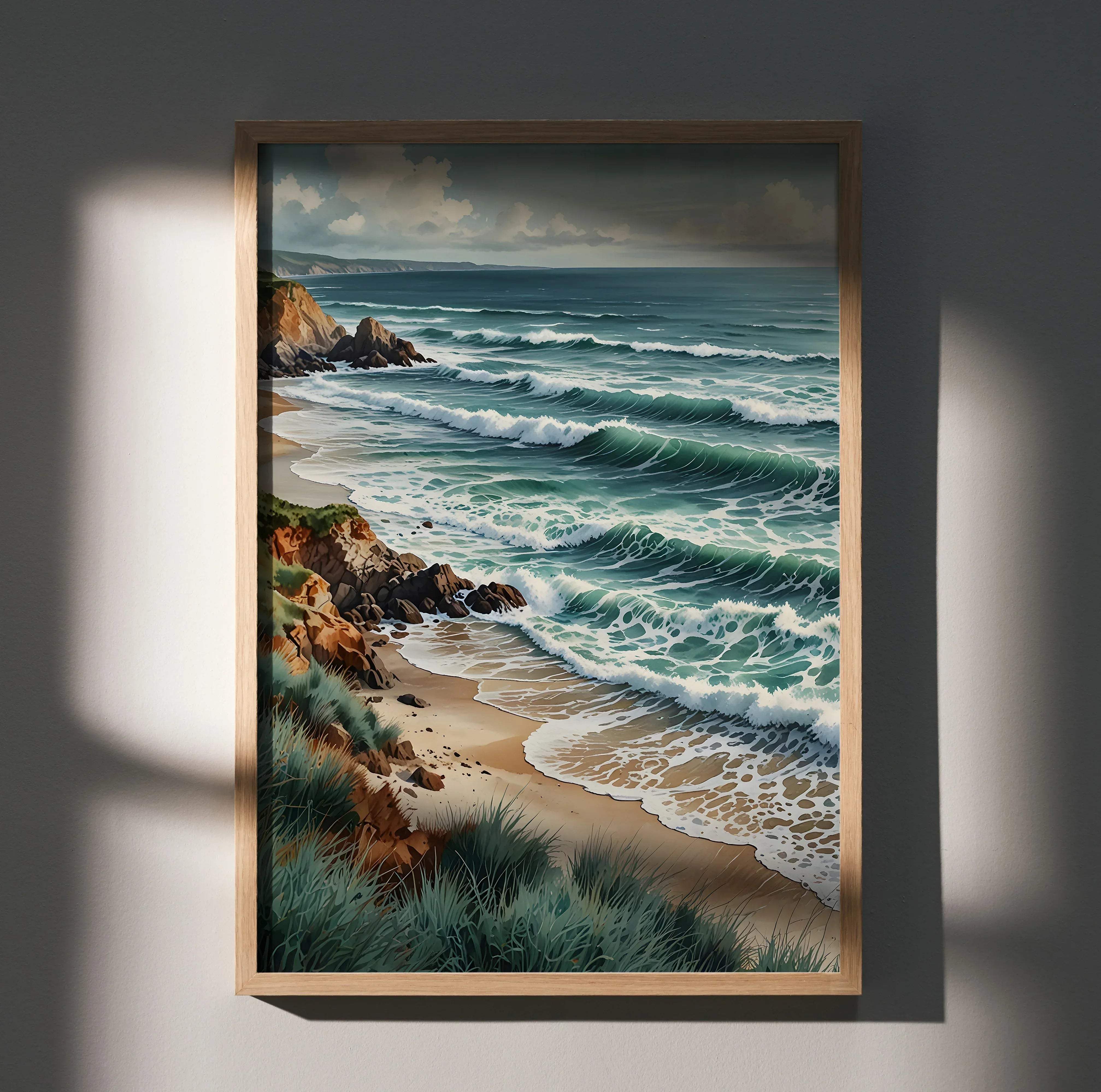 A framed vertical watercolor style ocean beach landscape poster featuring turquoise waves crashing on sandy shores and cliffs