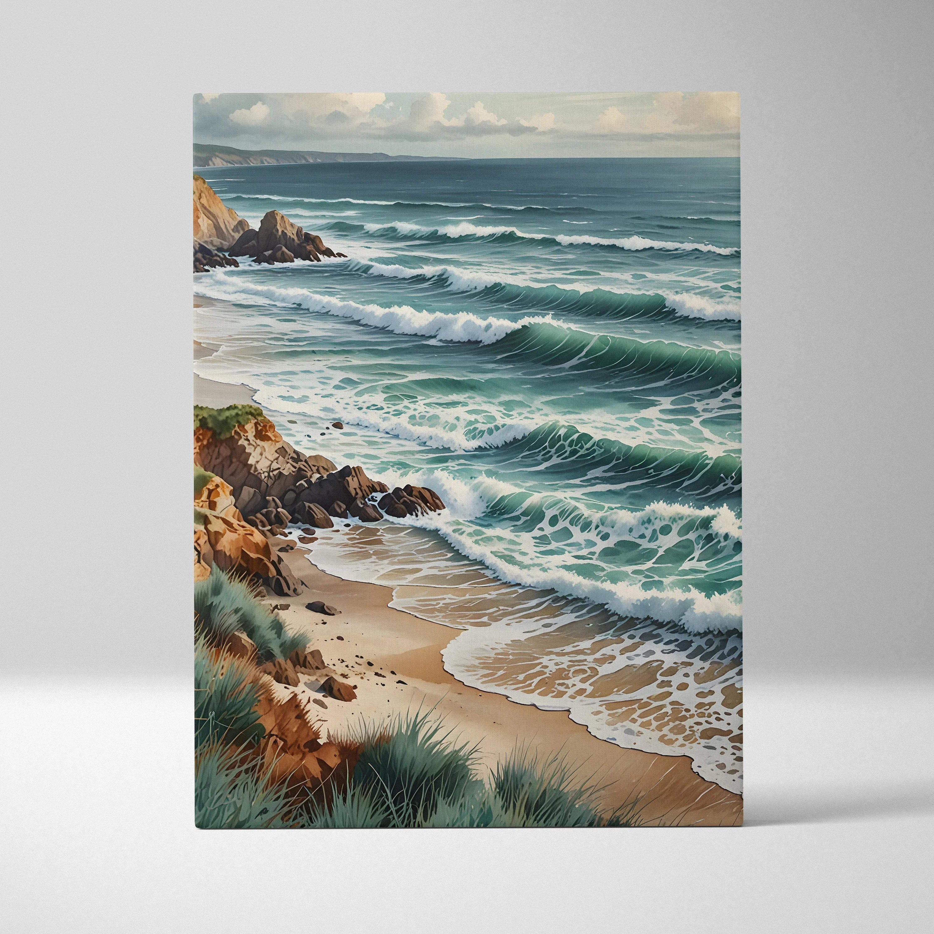 Vertical watercolor canvas wall art of a serene beach with waves and rocky shoreline.