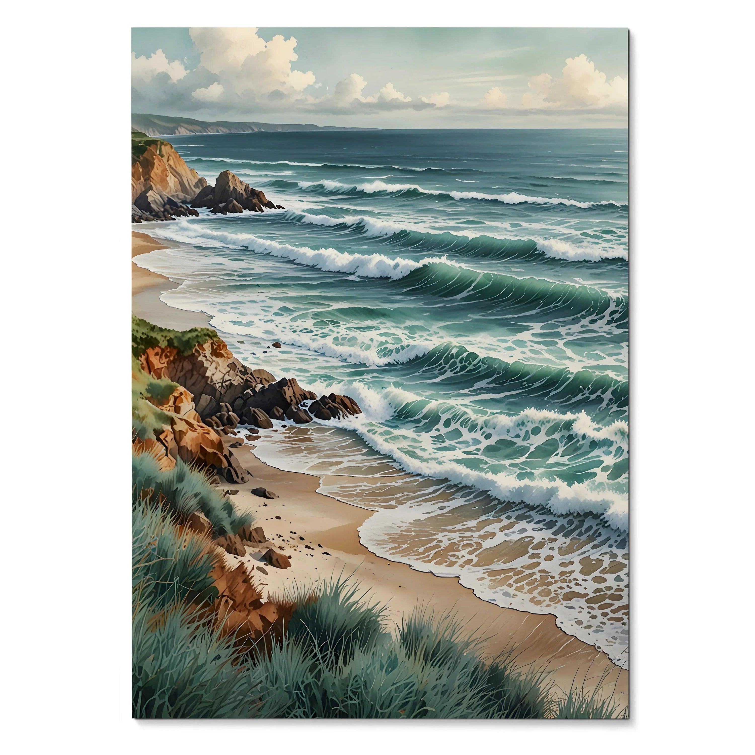 Vertical watercolor poster of ocean waves crashing on sandy beach with rocky cliffs and grassy dunes wall art.