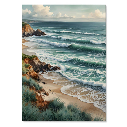 Vertical watercolor poster of ocean waves crashing on sandy beach with rocky cliffs and grassy dunes wall art.