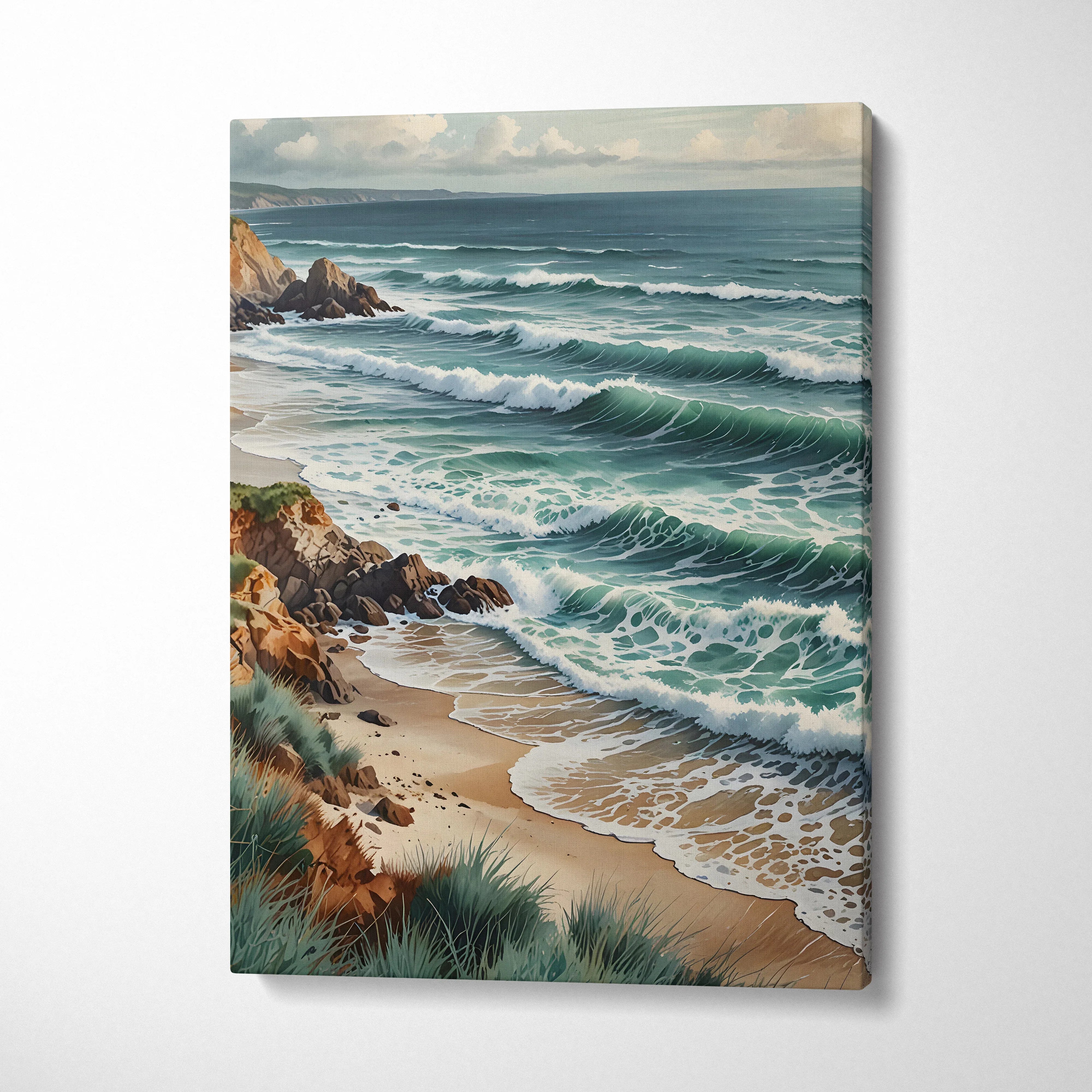Canvas wall art featuring a serene watercolor beach scene with crashing waves and rocky cliffs.