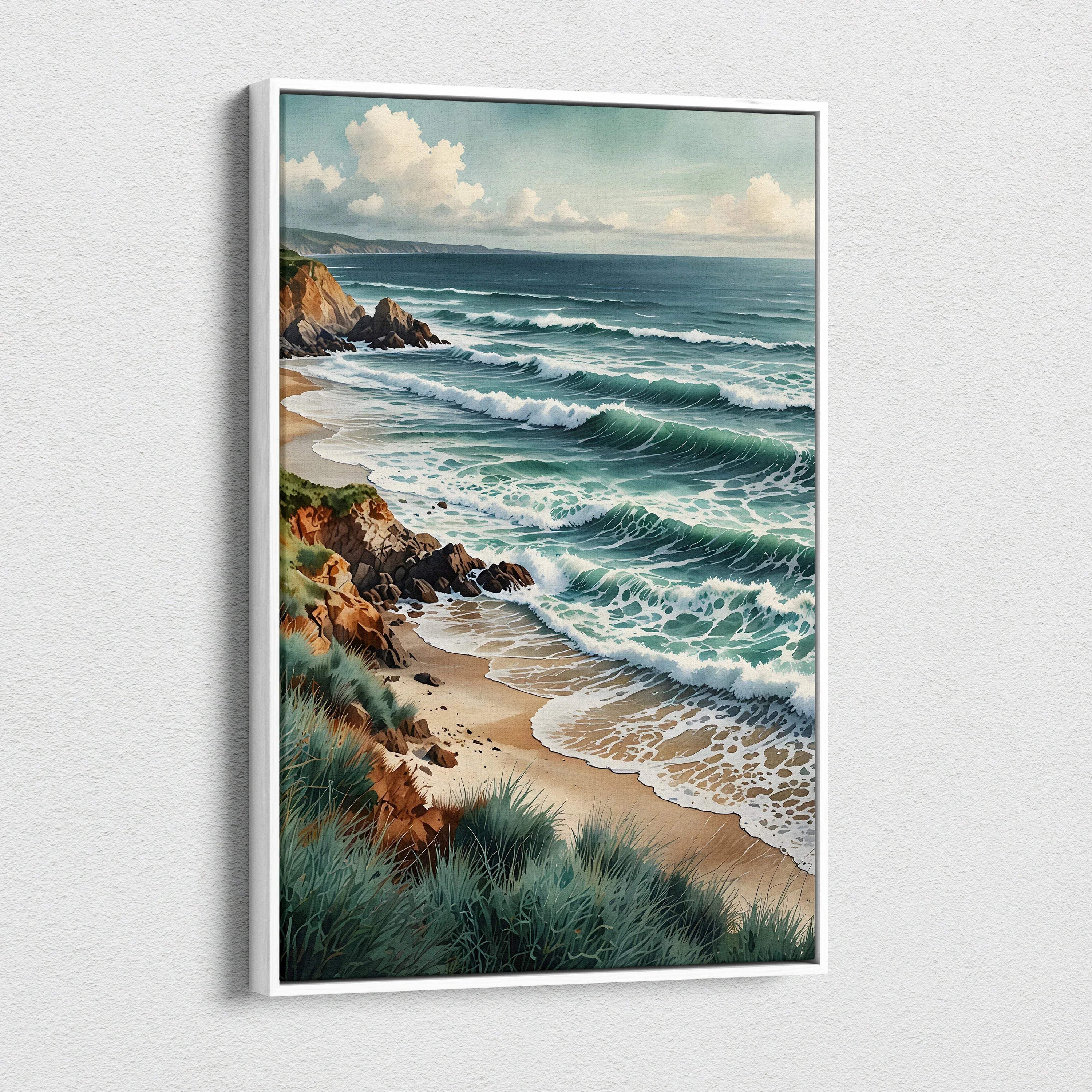 Serene beach watercolor canvas wall art with crashing waves, sandy shore, and coastal cliffs.
