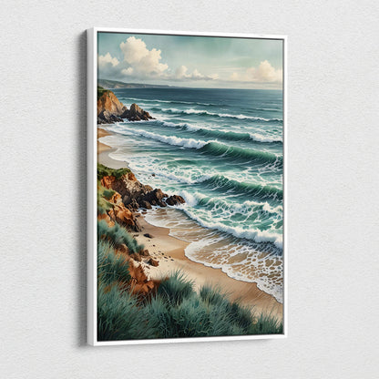 Serene beach watercolor canvas wall art with crashing waves, sandy shore, and coastal cliffs.
