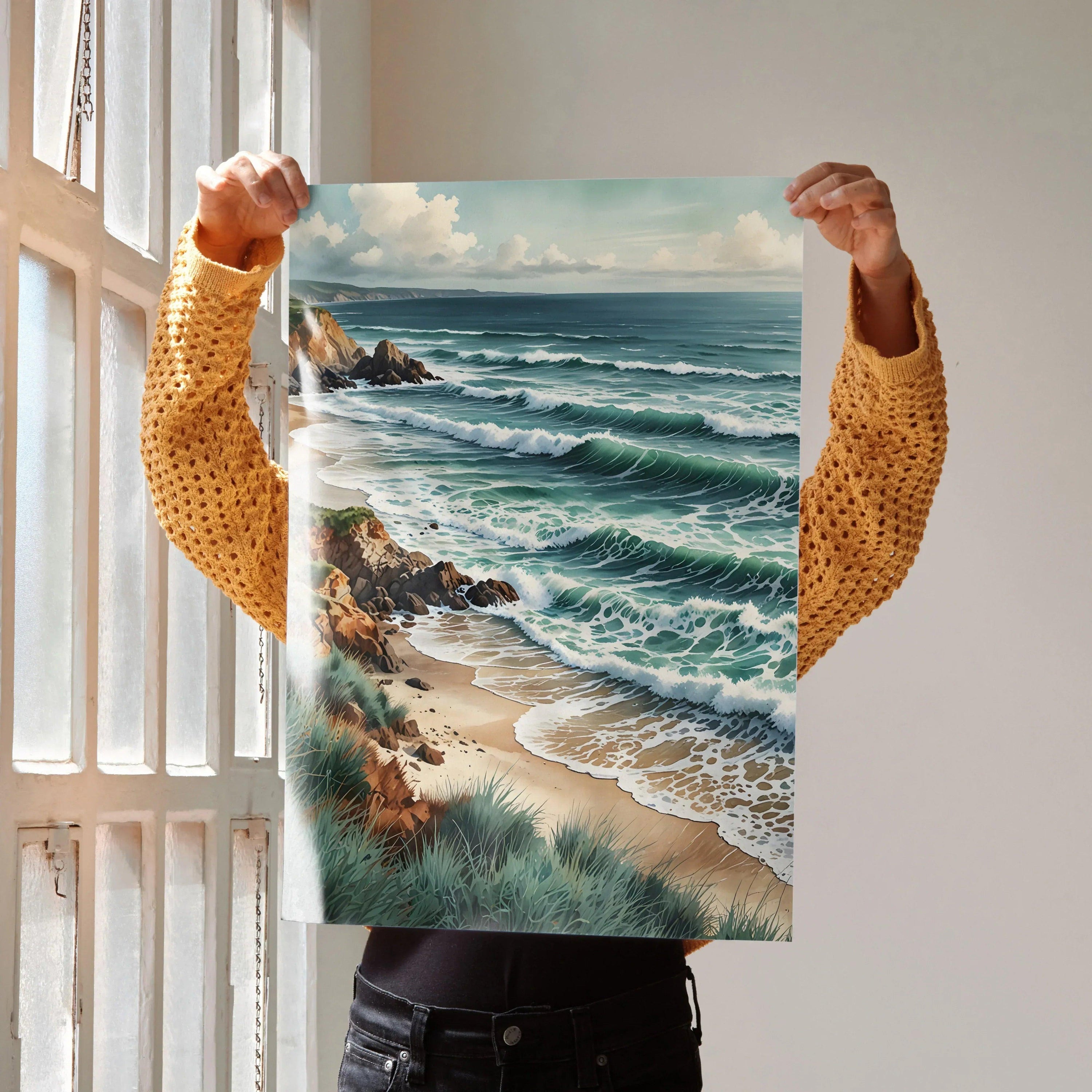 Vertical watercolor poster of ocean waves crashing onto rocky beach with soft clouds, colorful wall art.