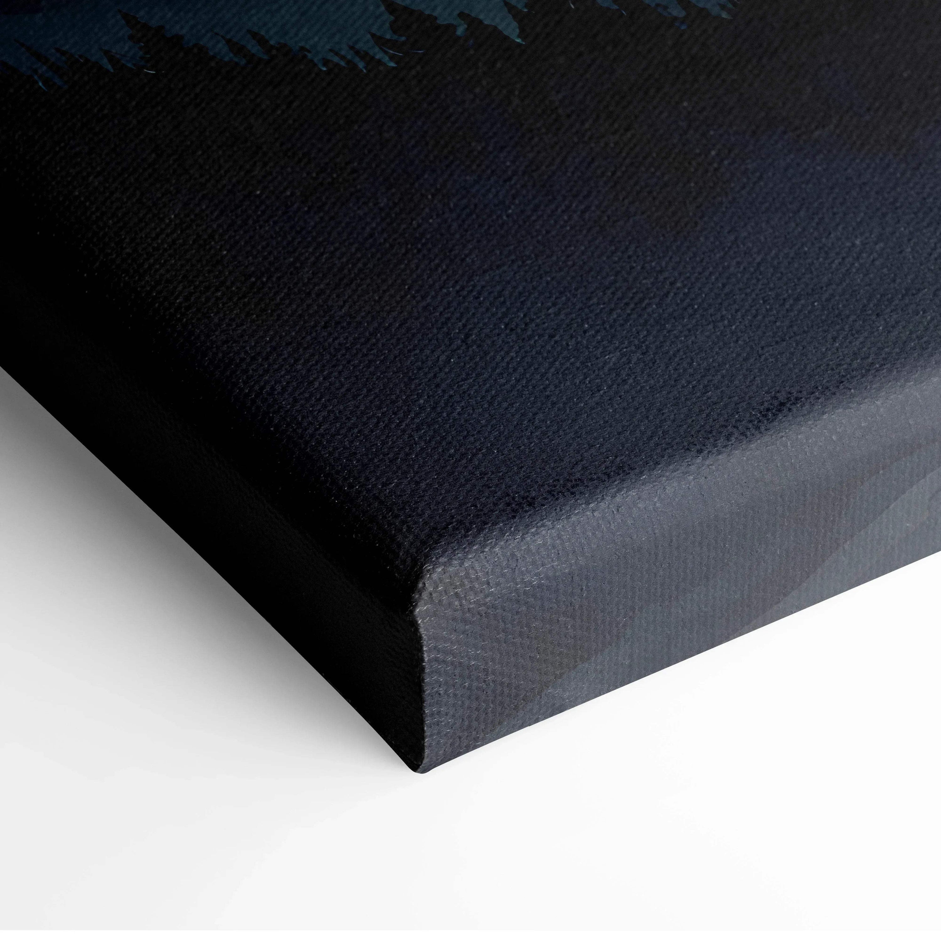 Dark night sky watercolor canvas wall art with silhouetted mountain peaks and pine trees.