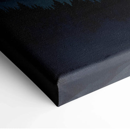 Dark night sky watercolor canvas wall art with silhouetted mountain peaks and pine trees.