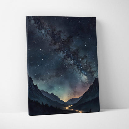 Canvas wall art featuring a watercolor night sky with stars over dark mountain silhouettes and a glowing river.