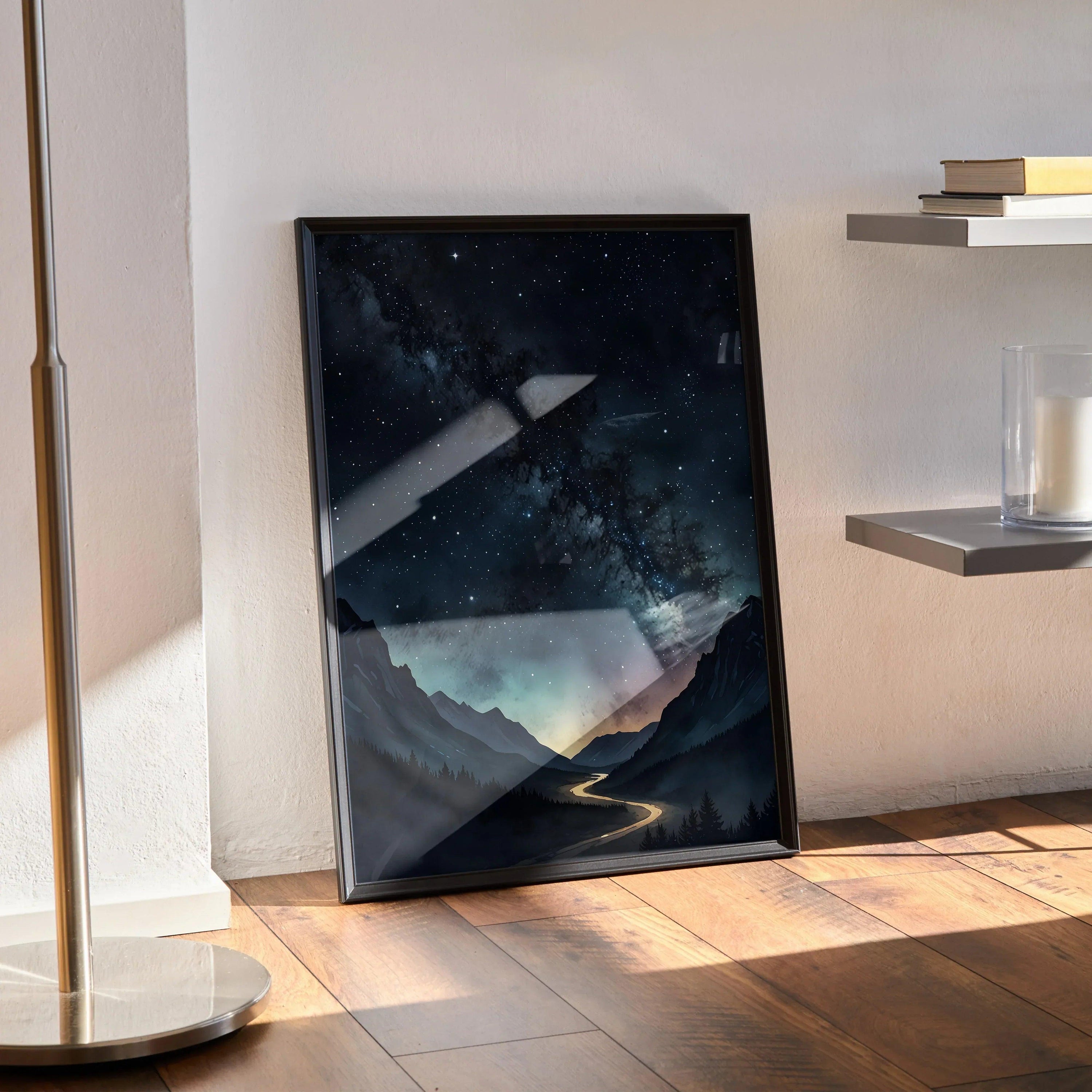 Watercolor style night sky mountains poster with stars and winding river wall art in black frame.