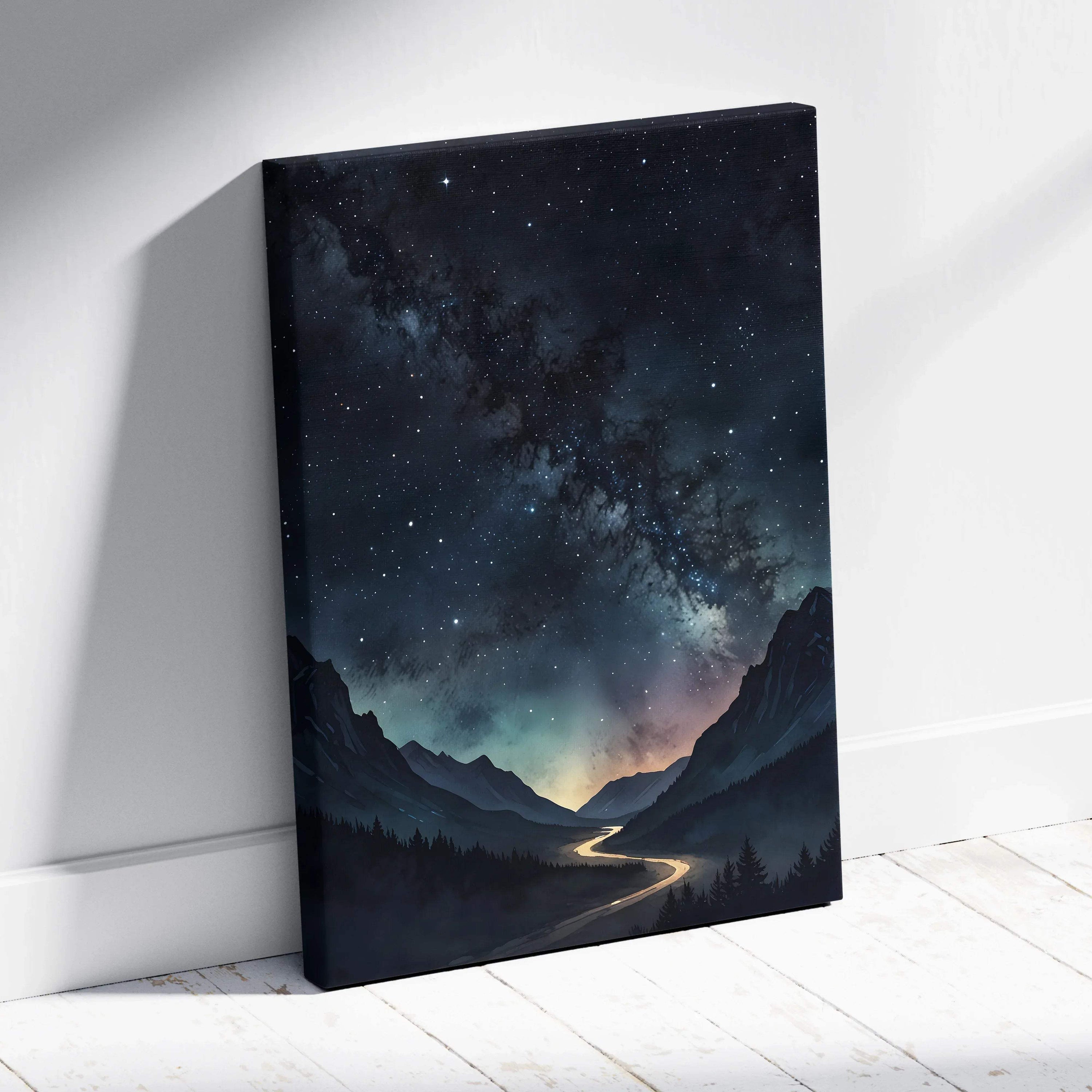 Watercolor night sky mountains canvas wall art with glowing river and starry galaxy backdrop.