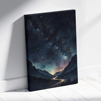 Watercolor night sky mountains canvas wall art with glowing river and starry galaxy backdrop.