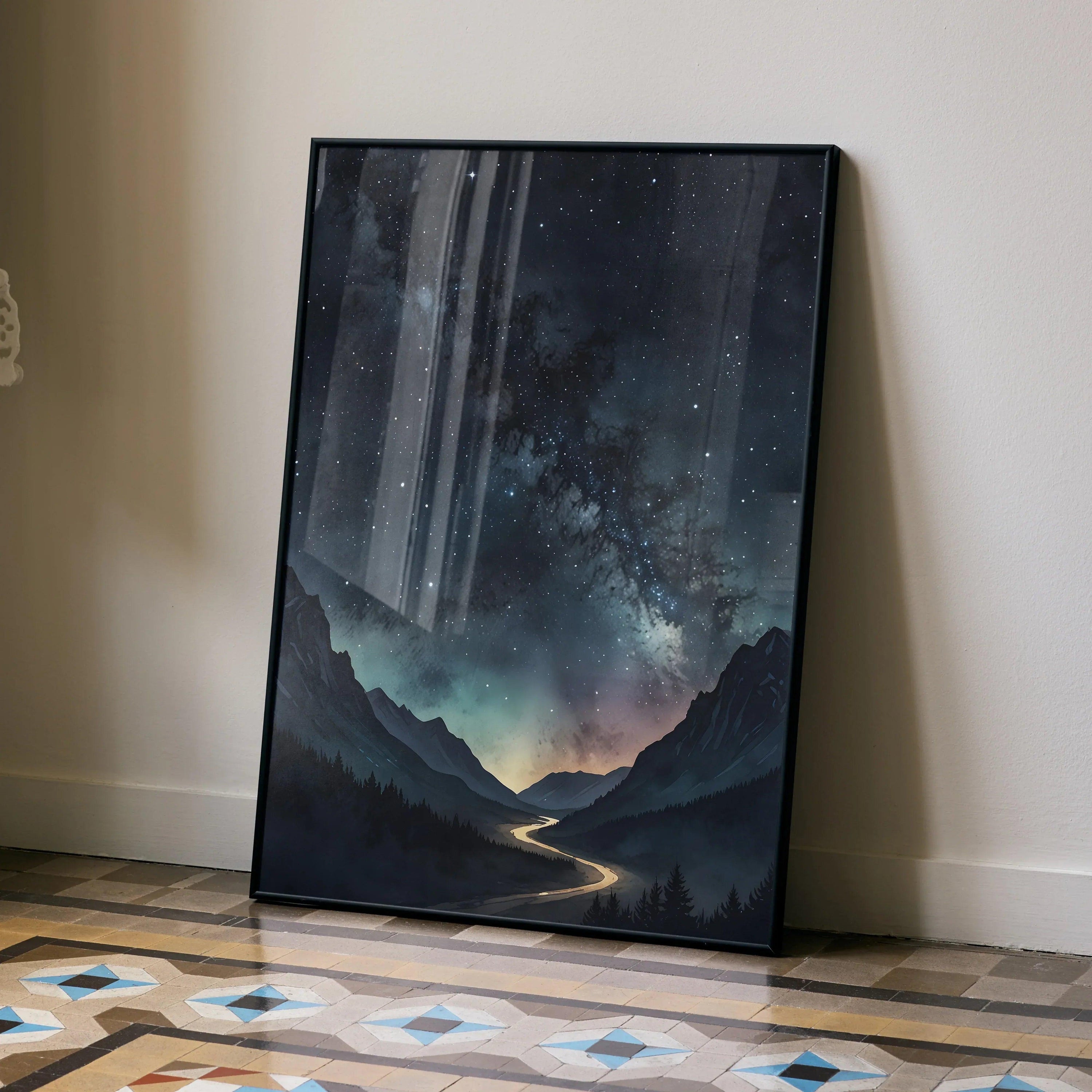 Vertical watercolor poster of night sky and mountain landscape with winding river wall art.
