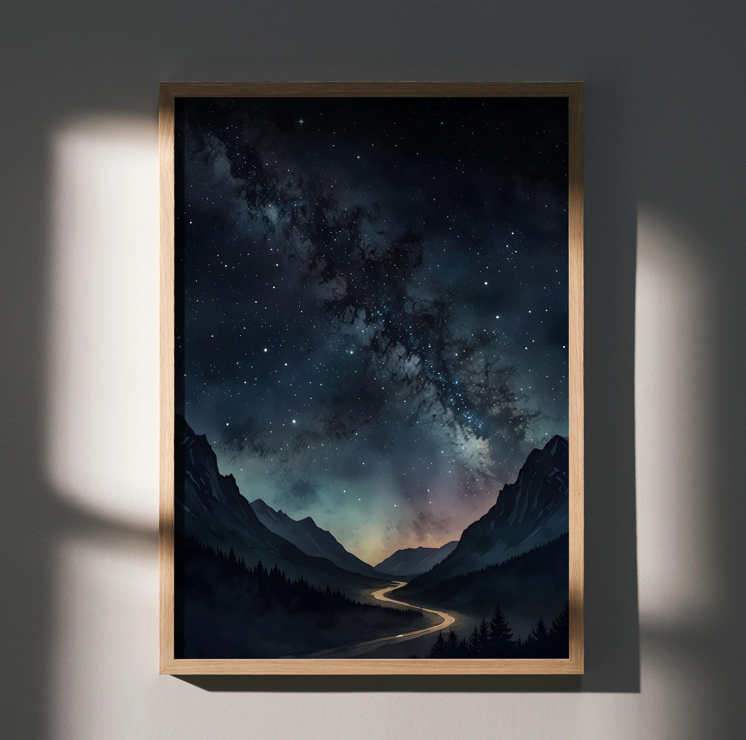Watercolor style night sky poster with mountain silhouettes and winding river wall art.